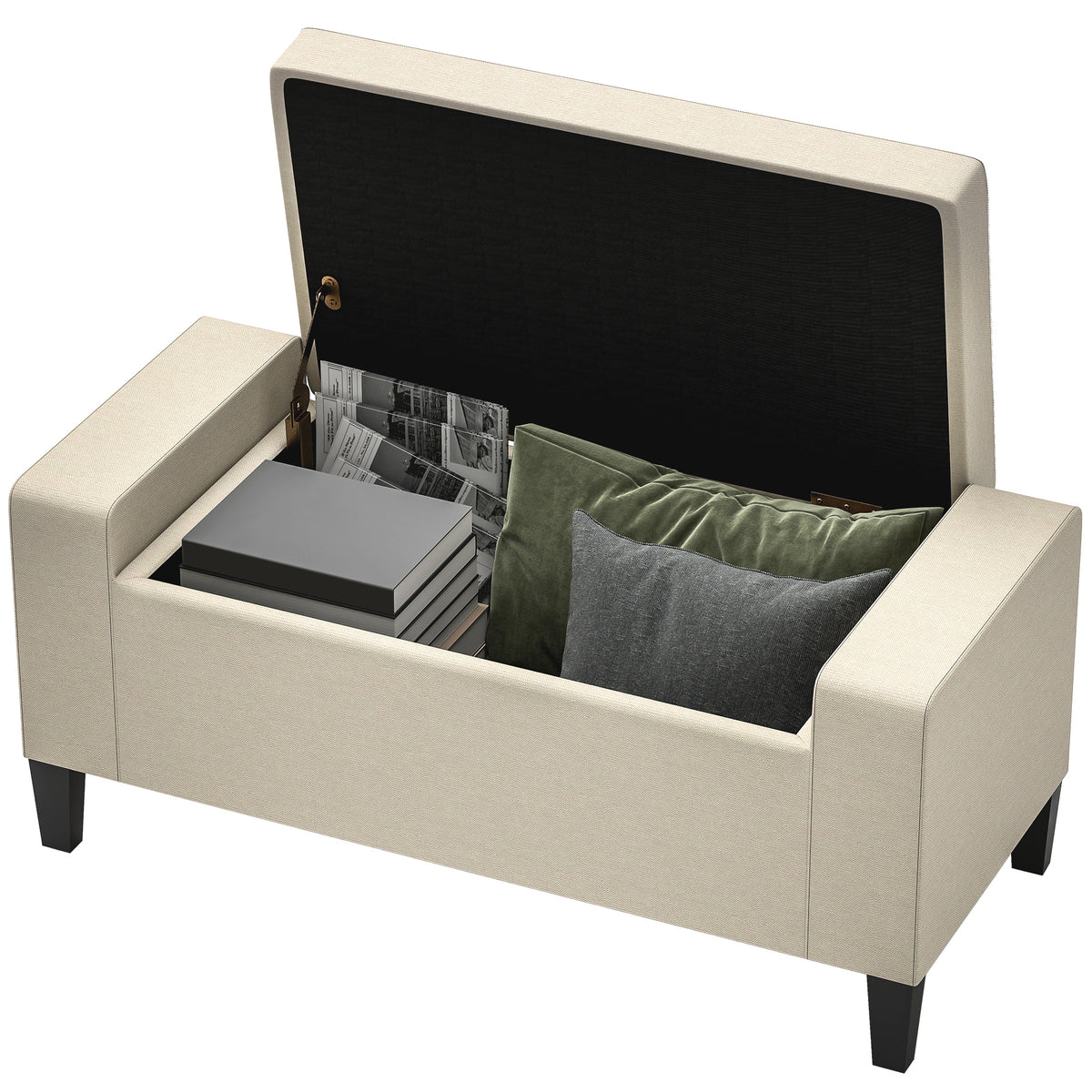 36" Ottoman with Storage, Storage Ottoman Bench with Lift Top and Rubberwood Legs, Linen Upholstered Entryway Seat with for Living Room, Bedroom, Holds up to 330 lb, Beige