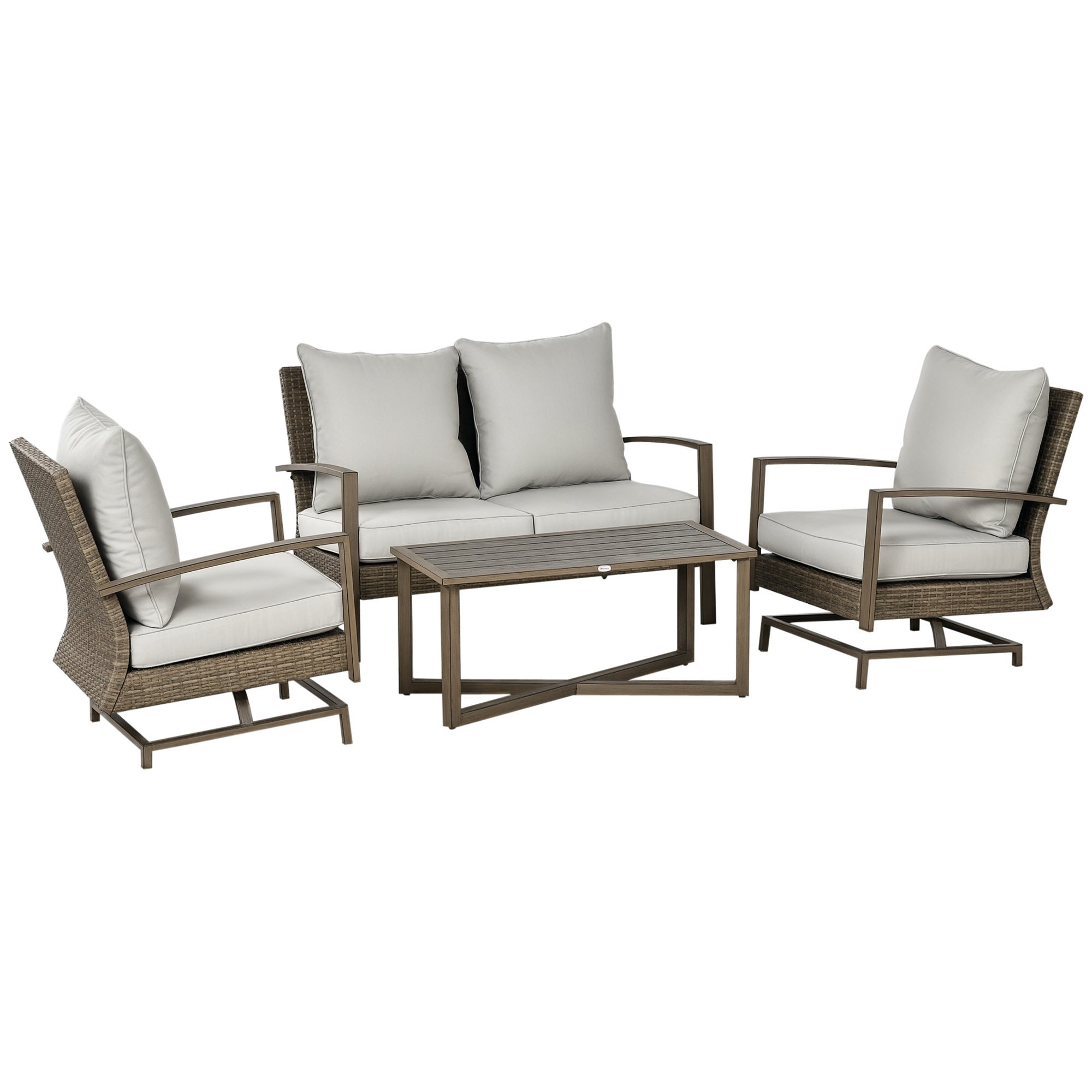 4 Piece Wicker Patio Furniture Set with 2 Rocking Chairs, Loveseat Sofa, Outdoor PE Rattan Conversation Set with Cushions, Aluminum Table for Porch, Poolside, Light Gray