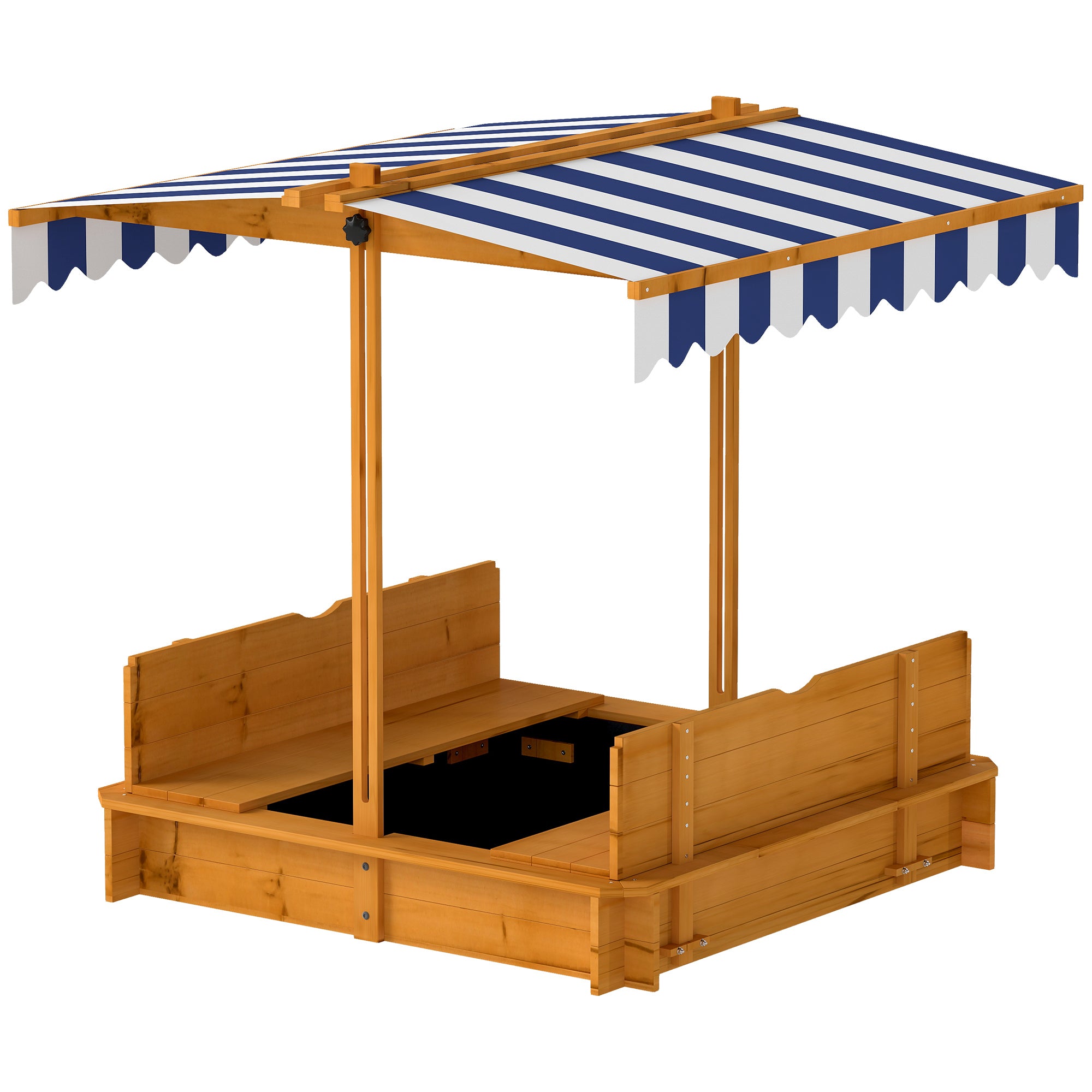 Wooden Kids Sandbox with Cover, Children Outdoor Sand Box with Foldable Bench Seats and Adjustable Canopy, Brown