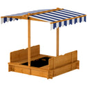 Wooden Kids Sandbox with Cover, Children Outdoor Sand Box with Foldable Bench Seats and Adjustable Canopy, Brown