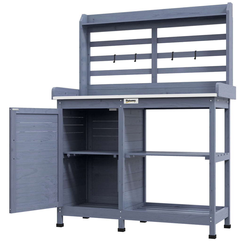 Wooden Potting Bench with Storage, Aluminum Tabletop for Backyard, Patio, Balcony, Gray