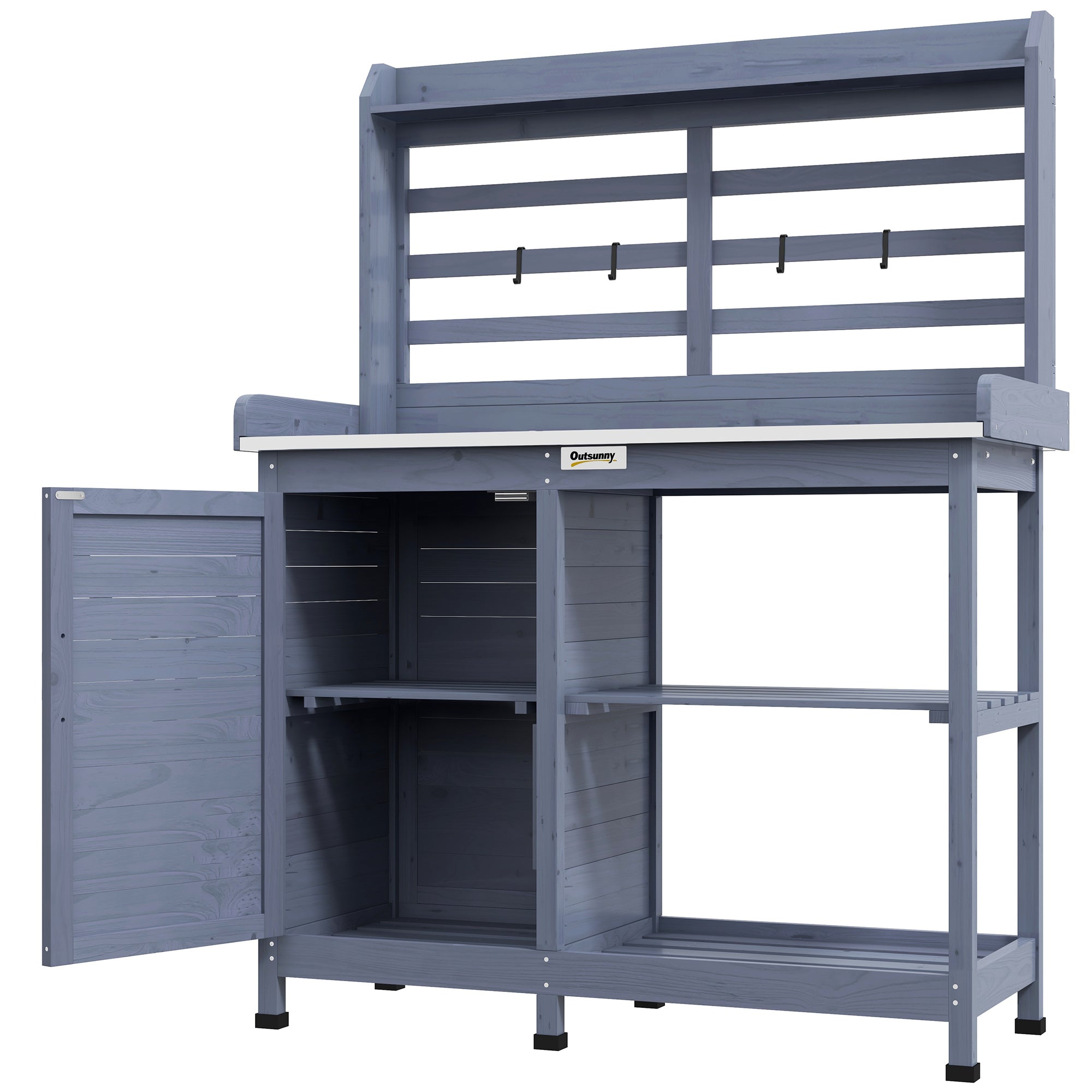 Wooden Potting Bench with Storage, Aluminum Tabletop for Backyard, Patio, Balcony, Gray