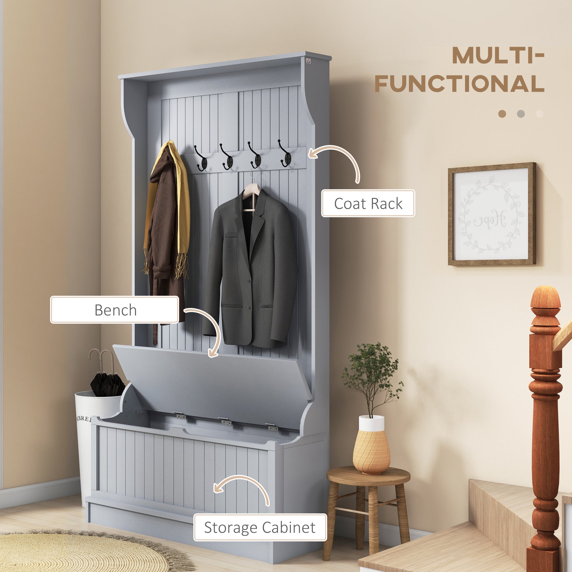 3-In-1 Entryway Bench with Coat Rack, Hall Tree with Bench and Shoe Storage, 5 Hooks for Hallway