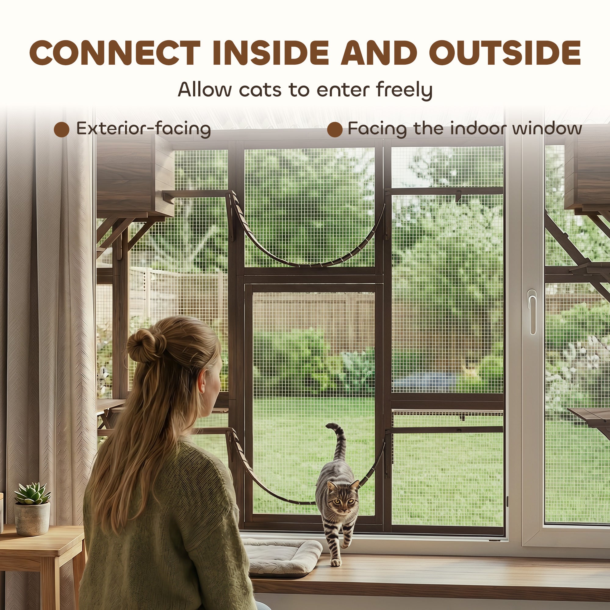 Catio Playground Cat Window Box Outside Enclosure for Multiple Cats w/ Shelves & Bridges, Coffee Brown