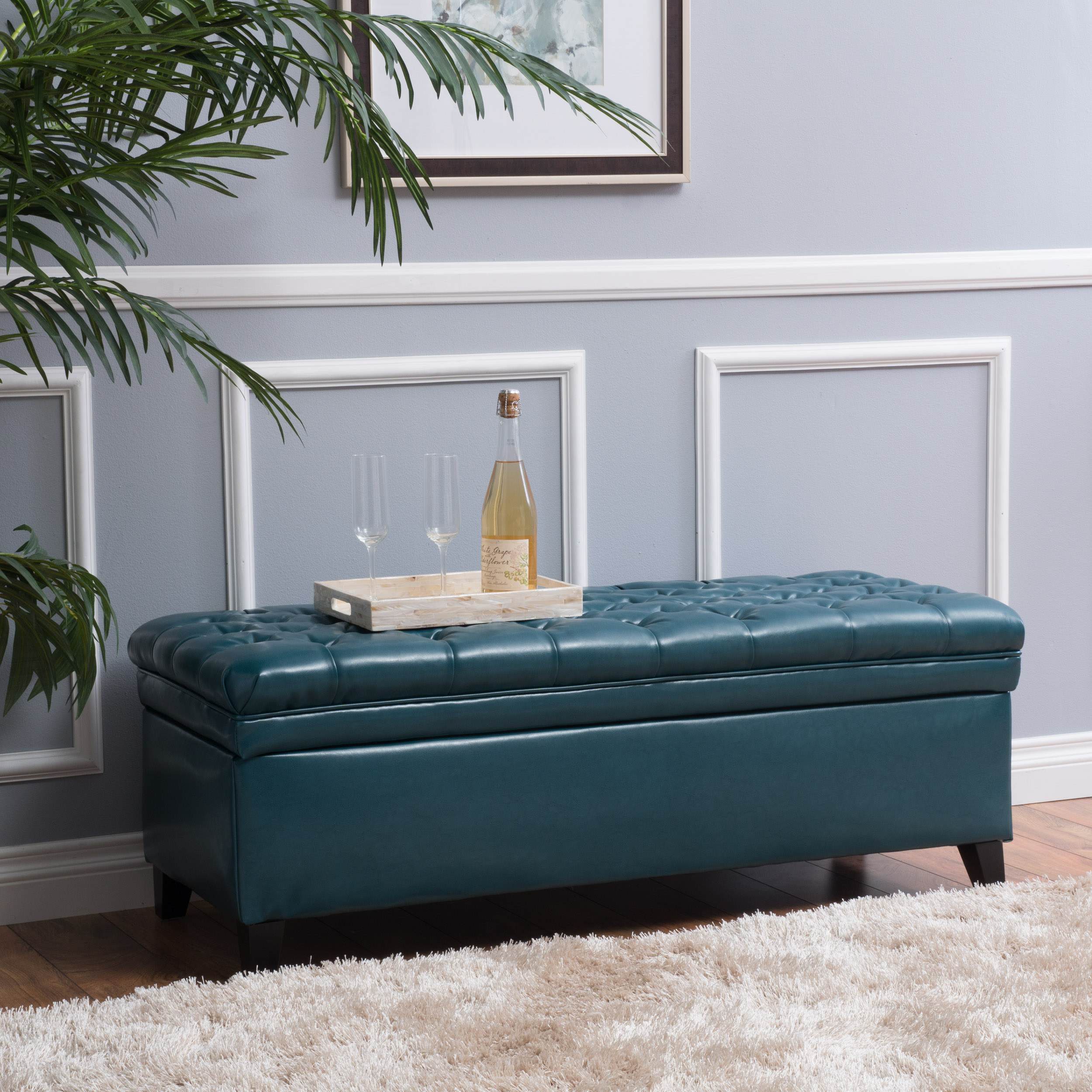 Storage Ottoman with Birch Legs, Faux Leather Tufted, 50" L x 20.5" W x 18.25" H, Spot Clean, Teal