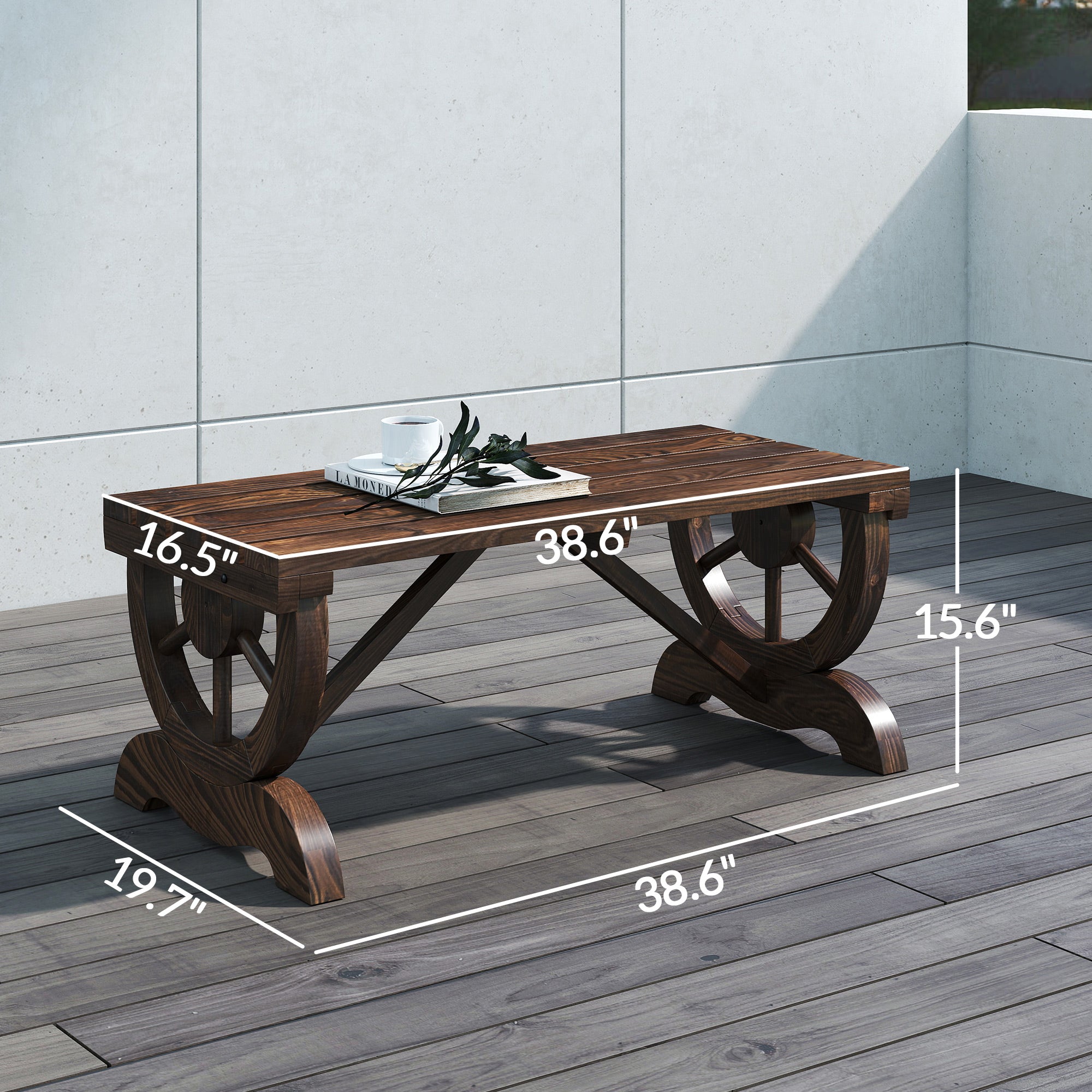 2-Person Wooden Garden Bench, Outdoor Wagon Wheel Porch Bench for Backyard Garden, Support 550 LBS, Rustic Country Style Patio Furniture, Brown