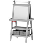 Double Sided Easel for Kids, Standing Toddler Easel with Paper Roll, Magnetic Whiteboard, Chalkboard & Storage, Gray