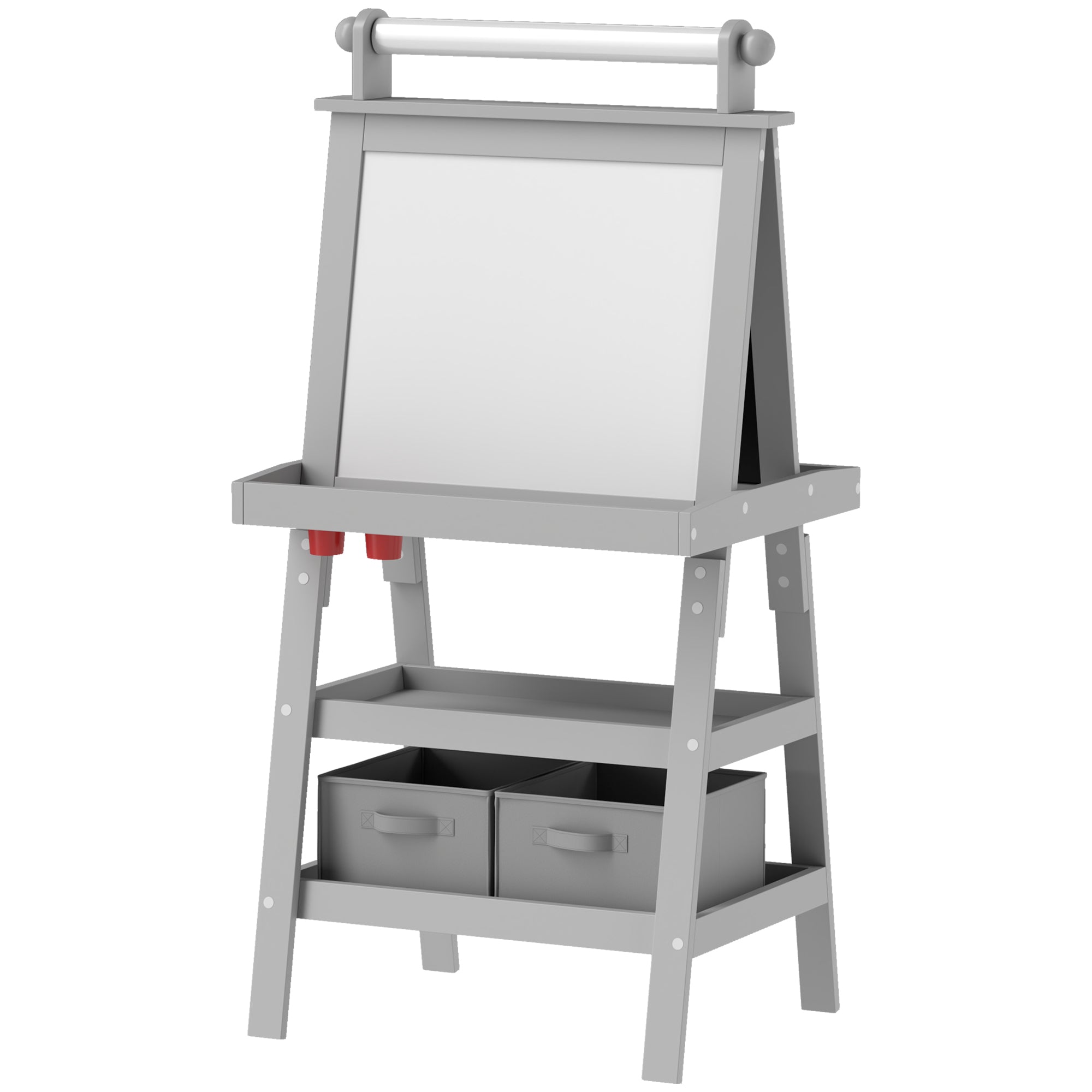 Double Sided Easel for Kids, Standing Toddler Easel with Paper Roll, Magnetic Whiteboard, Chalkboard & Storage, Gray