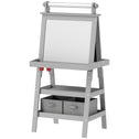Double Sided Easel for Kids, Standing Toddler Easel with Paper Roll, Magnetic Whiteboard, Chalkboard & Storage, Gray