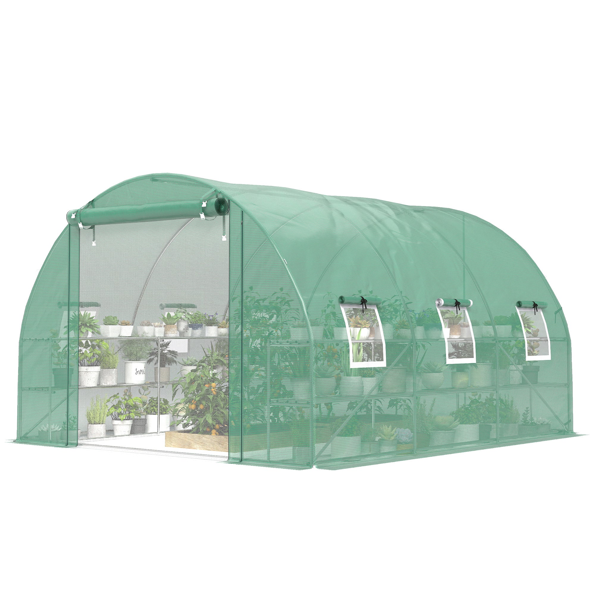 10'x11'x6' Walk-in Tunnel Greenhouse with Shelves, Mesh Door and Windows, Hoop House Greenhouse with PE Cover, Green
