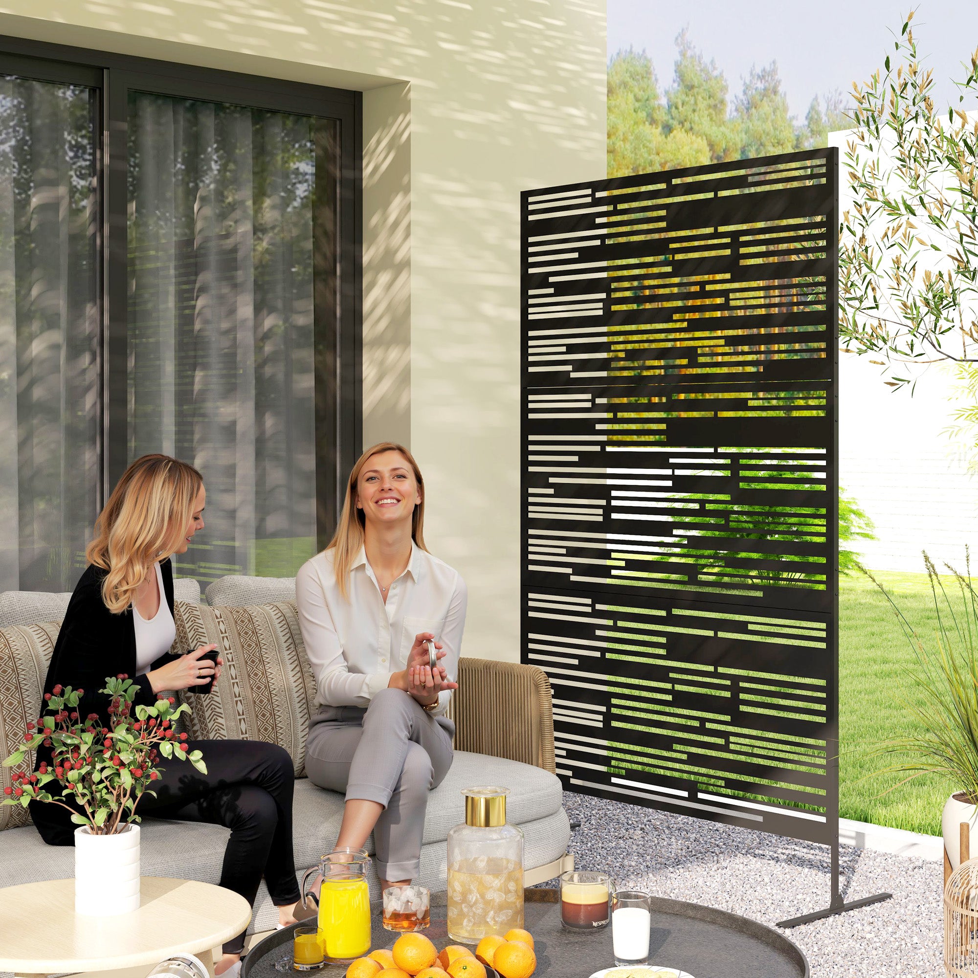 78" H x 48" W Metal Outdoor Privacy Screen, Freestanding Decorative Privacy Fence Screen for Balcony, Black
