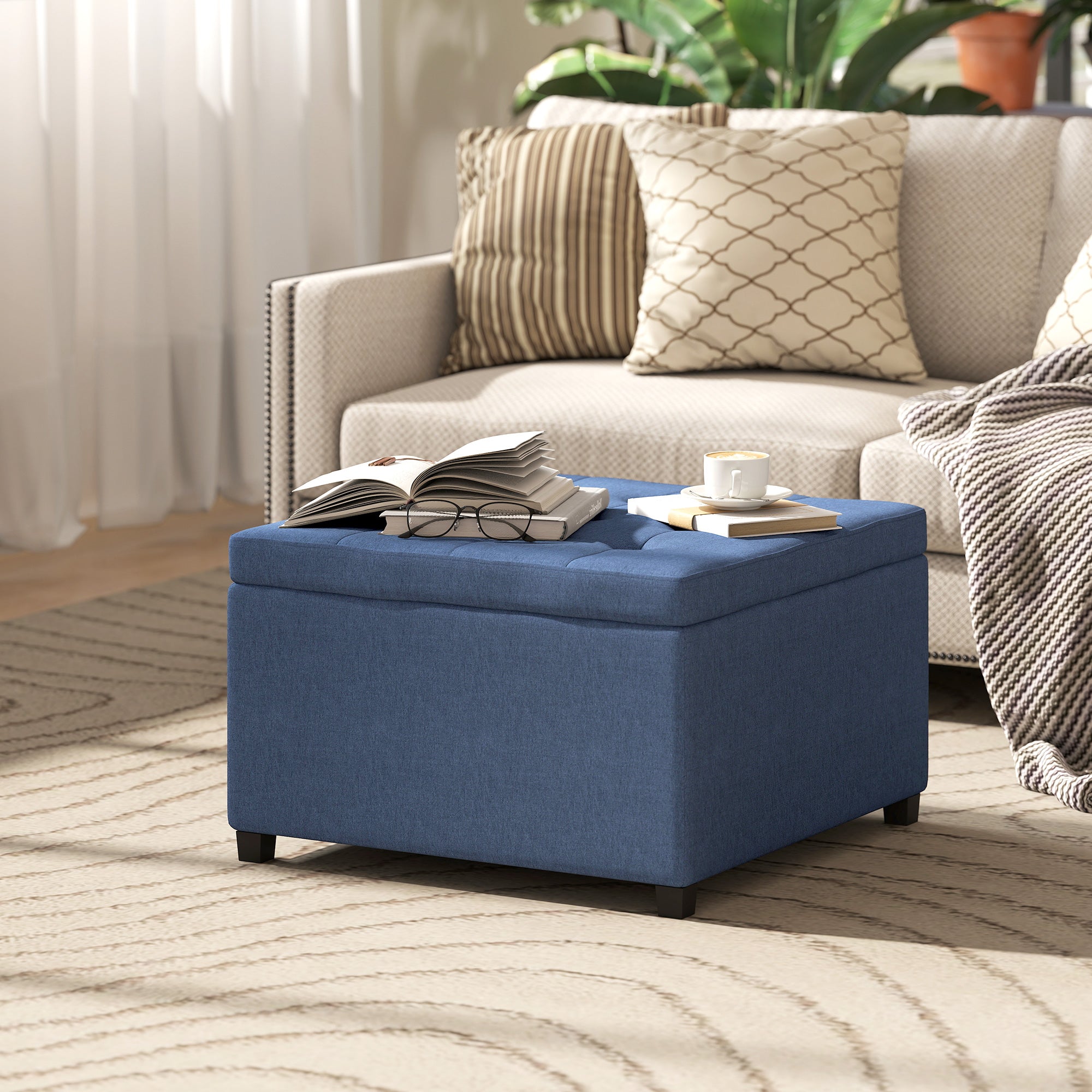 Round Storage Ottoman Bench, Button Tufted Ottoman with Flip Top for Living Room, Entryway and Bedroom, Blue