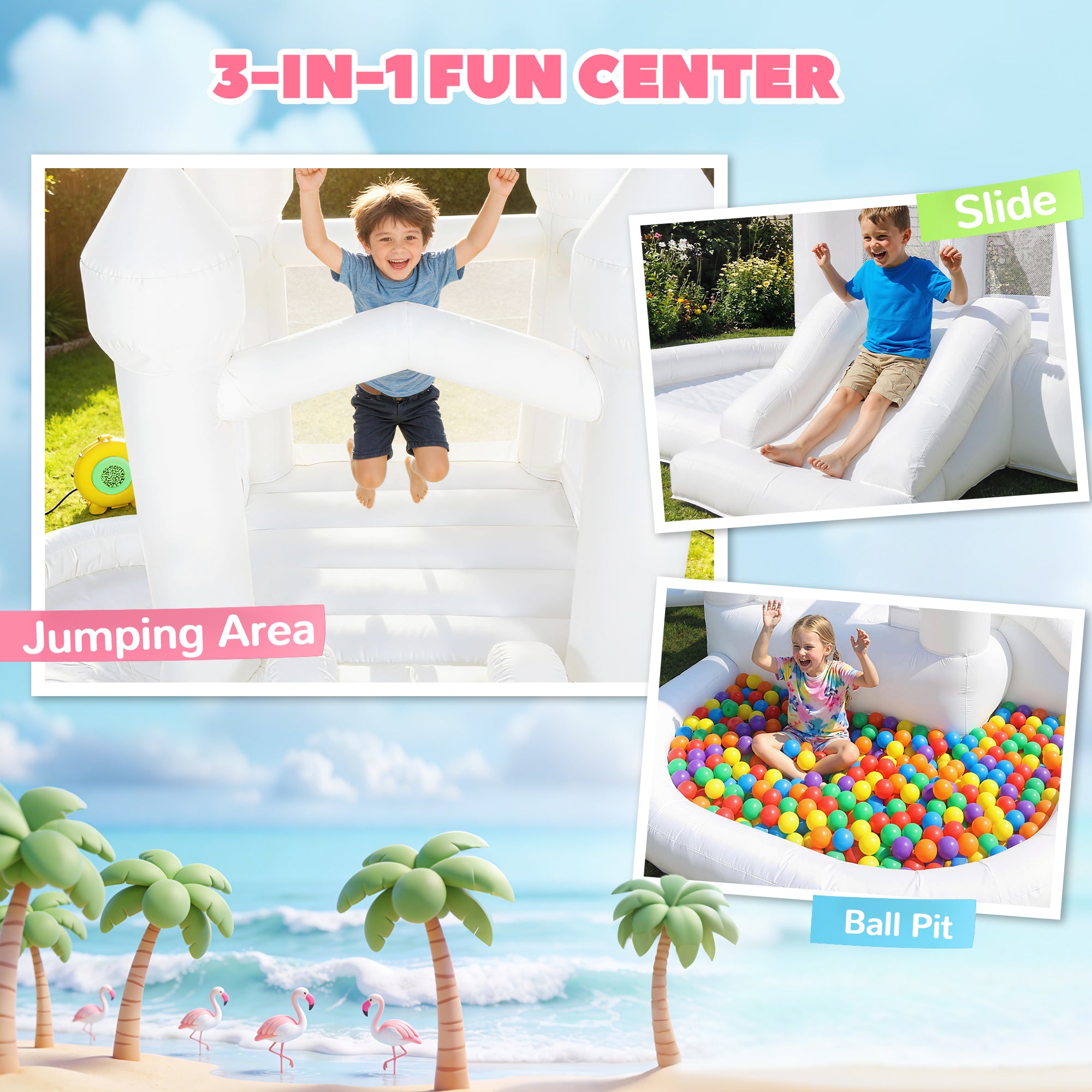 Inflatable Bounce House, 3-in-1 White Castle Bouncy House with Slide, Ball Pit and 370W Blower for Kids Ages 3-8, White