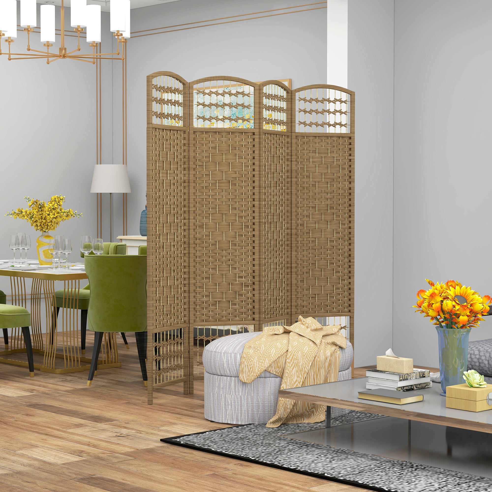 4 Panel Folding Room Divider Portable Privacy Screen Wave Fiber Room Partition for Home Office Natural