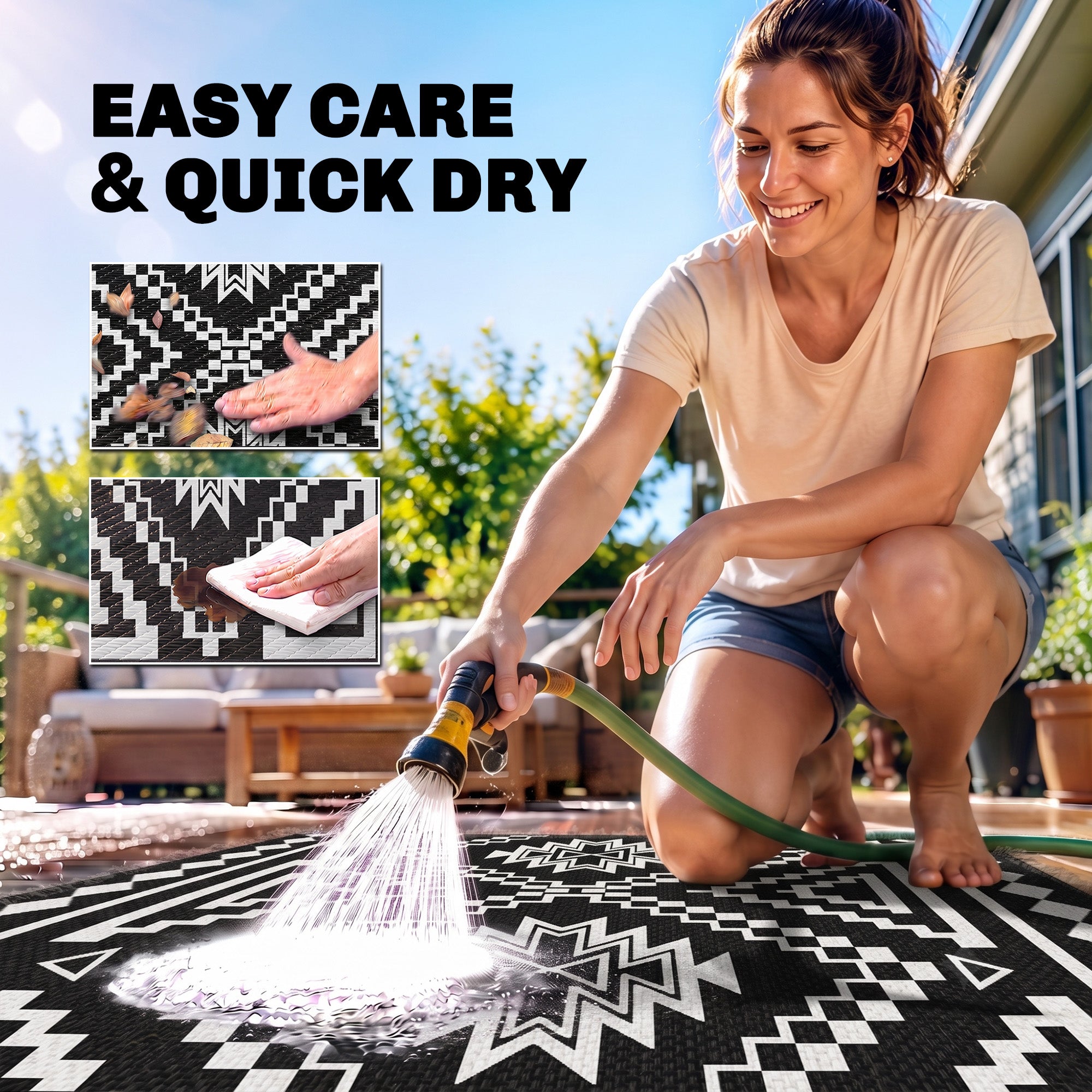 Reversible Outdoor Rug, Waterproof Plastic Straw with Carry Bag, 9' x 18', Black & White Square Patchwork