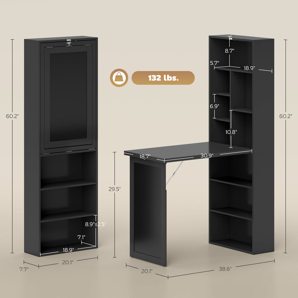 Fold-out Convertible Home Office Desk, Wall Mount Computer Desk with Blackboard and Side Shelf, Black