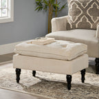 28" Pillow Top Ottoman with Button Tufted Upholstery, Turned Birch Legs, Extra Seating or Footrest, 28.5"x18"x17.75", Cream