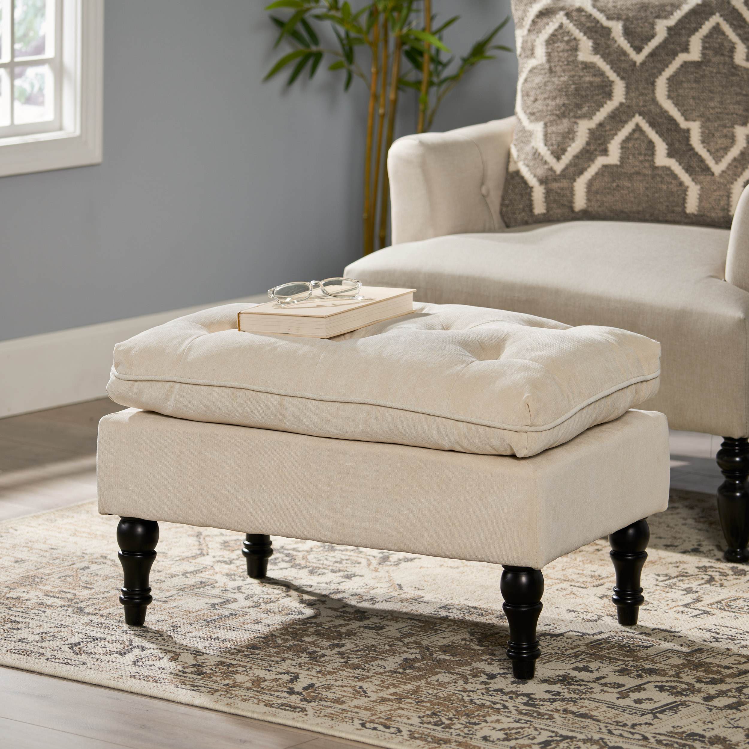 28" Pillow Top Ottoman with Button Tufted Upholstery, Turned Birch Legs, Extra Seating or Footrest, 28.5"x18"x17.75", Cream