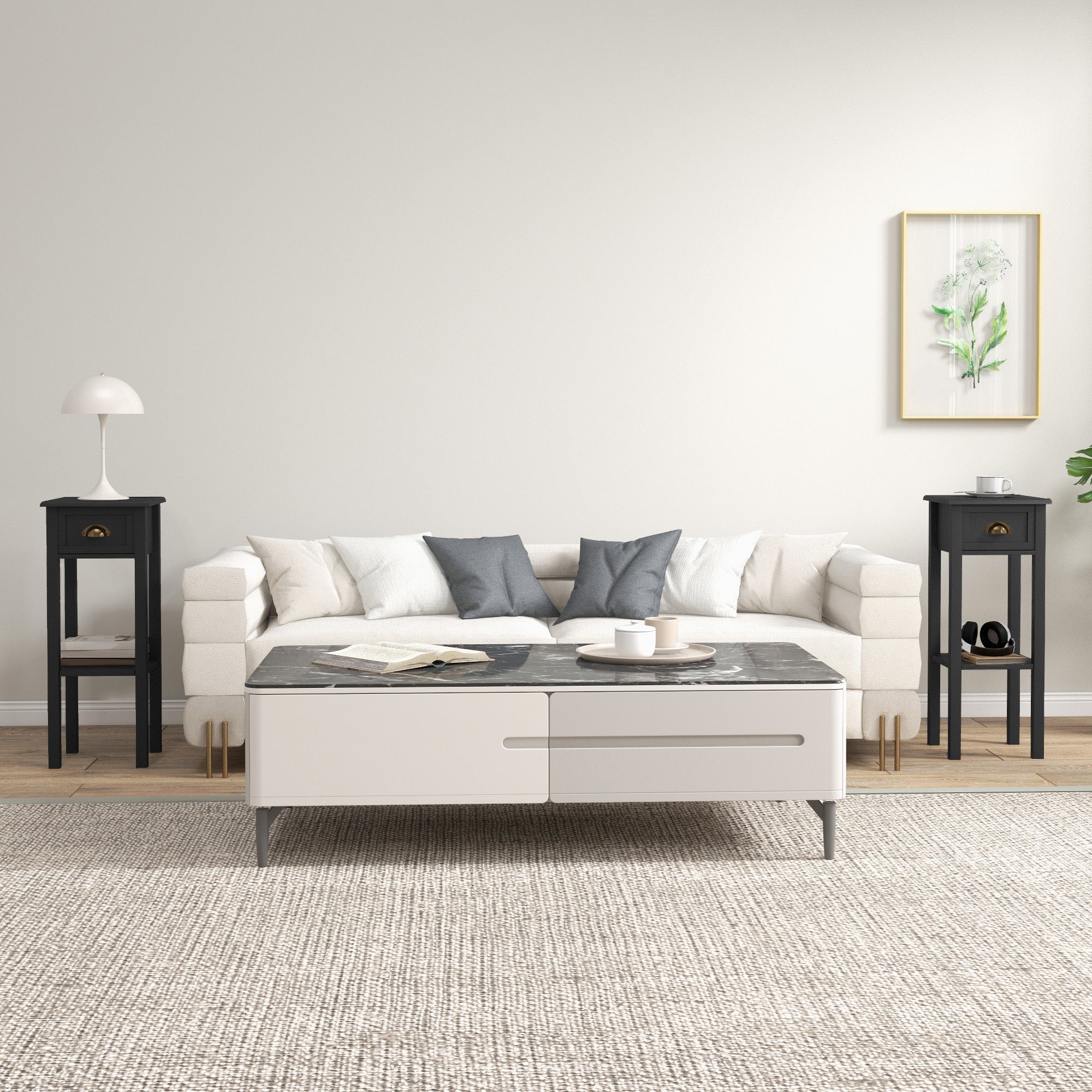 2-Tier Side Tables Set of 2 with Drawer and Shelf, 2 Pieces End Tables for Living Room and Hallway, Black