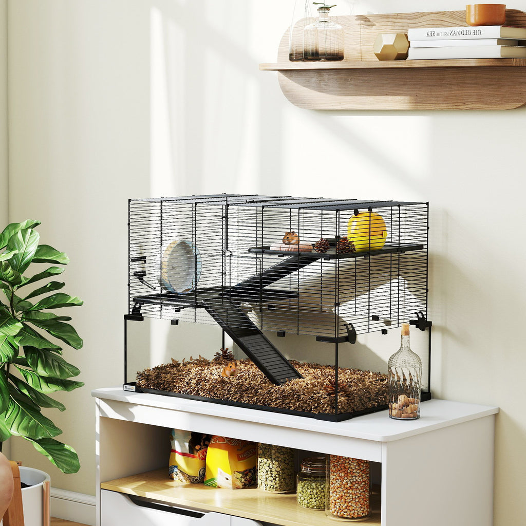 30" Hamster Cage, Gerbil Cage with Glass Basin for Small Hamsters, Black
