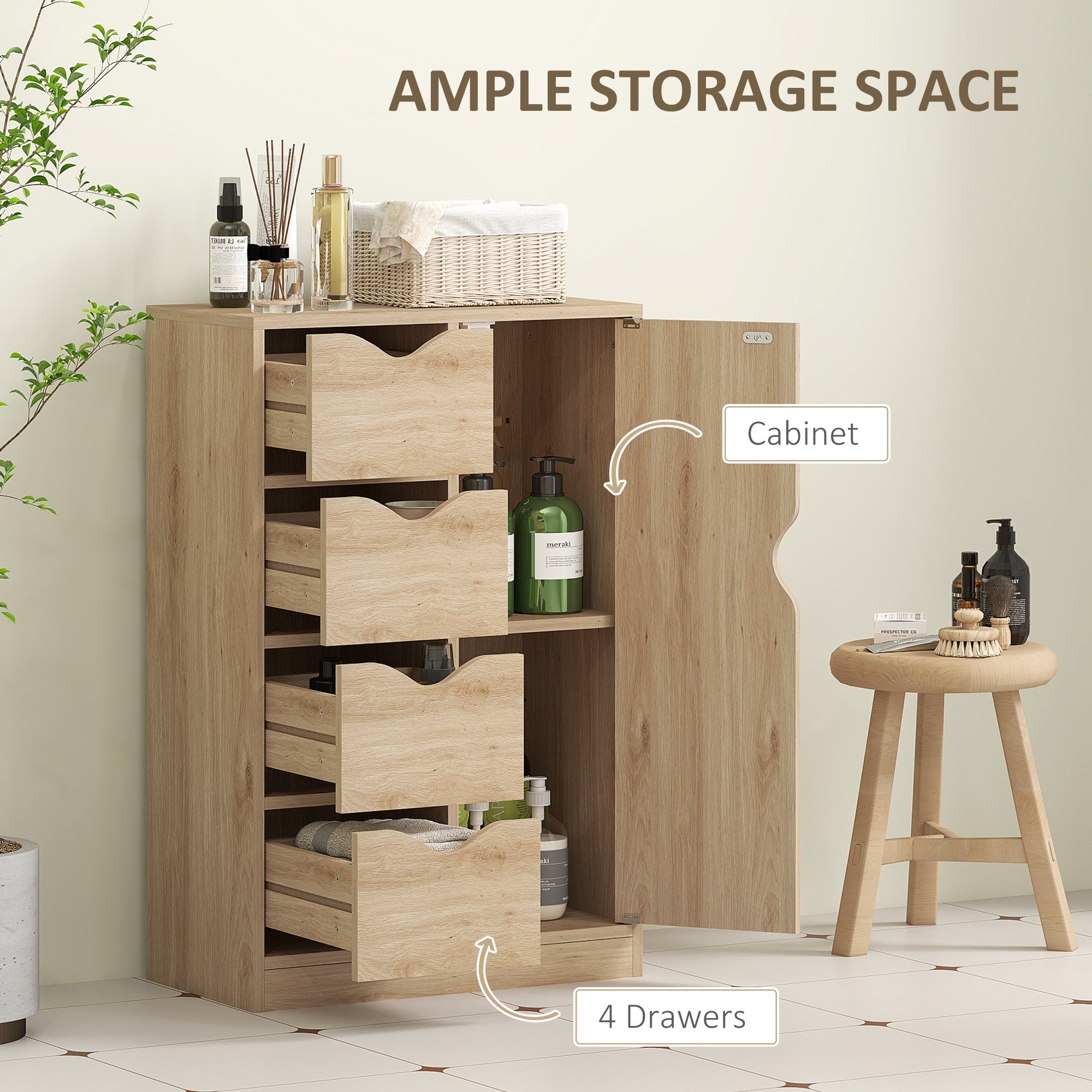 Freestanding Storage Cabinet, Bathroom Floor Cabinet with 4 Drawers and Door, Oak