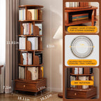 6-Tier Rotating Bookshelf with Wheels, 360° Display Corner Bookcase, Wood Organizer for Study Room, 18″ L x 18″ W x 69″ H, Walnut Brown
