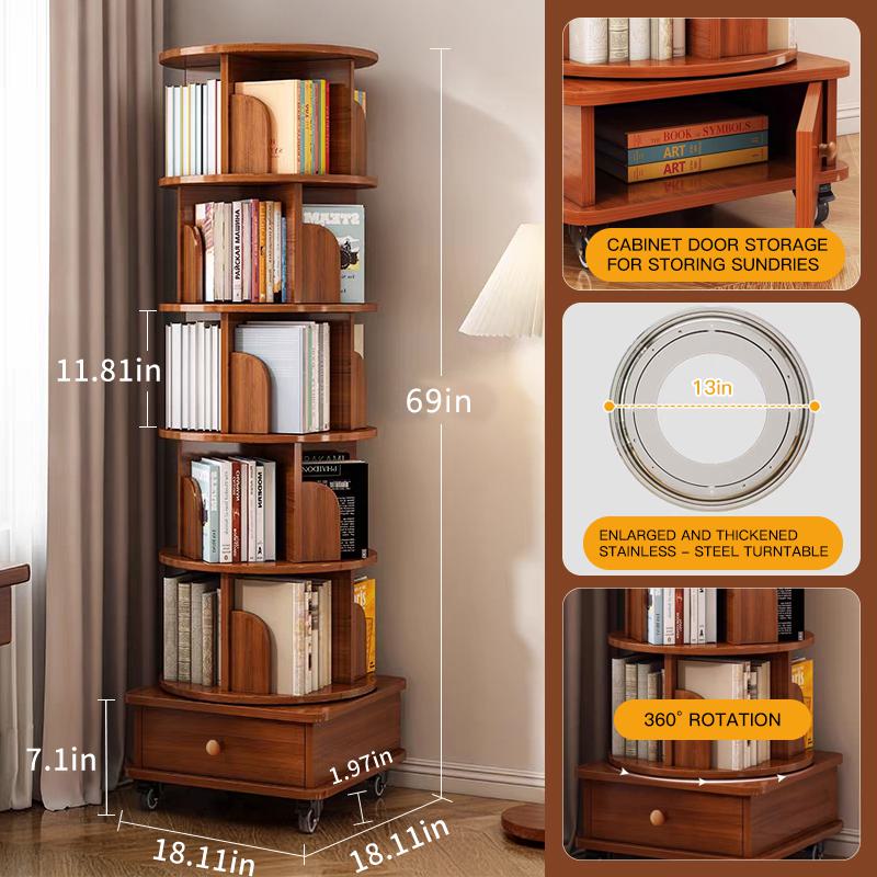 6-Tier Rotating Bookshelf with Wheels, 360° Display Corner Bookcase, Wood Organizer for Study Room, 18″ L x 18″ W x 69″ H, Walnut Brown