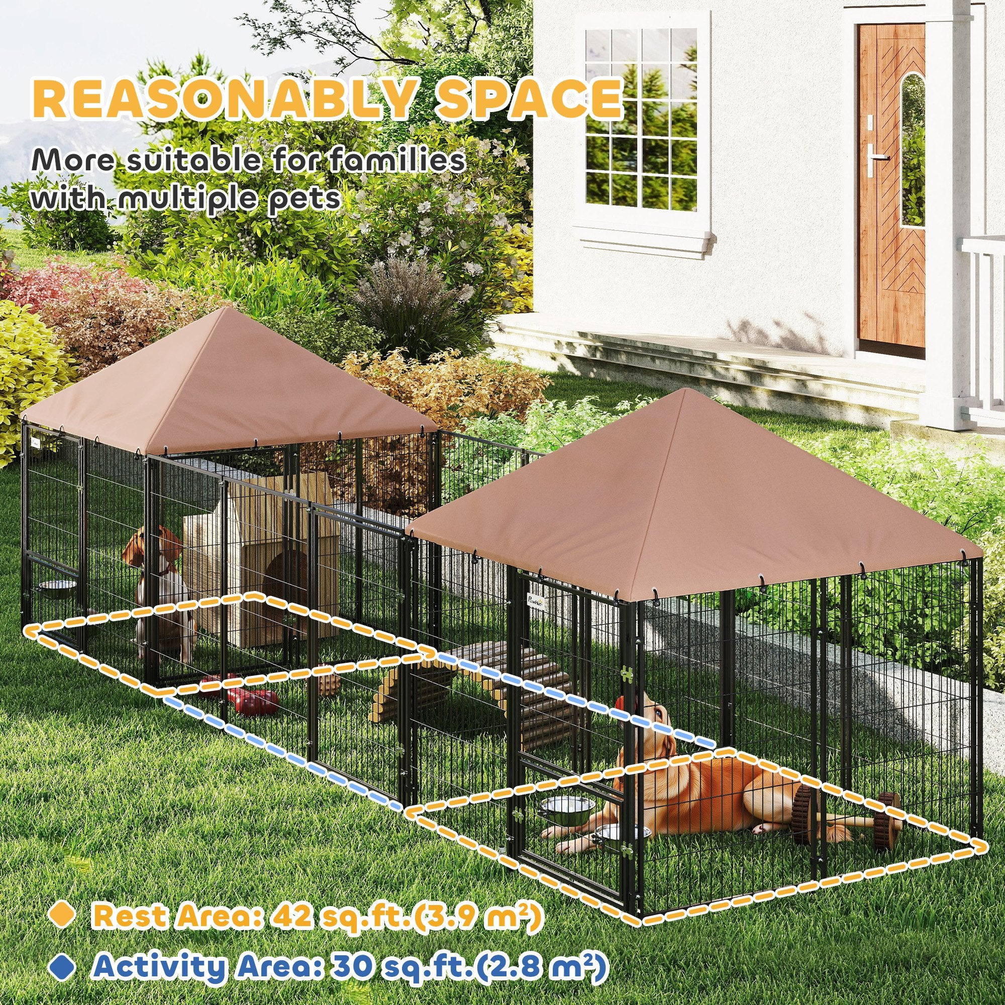Large Outdoor Dog Kennel with 2 Rooms, Rotating & Adjustable Height Bowls, Waterproof & UV-Resistant Canopy