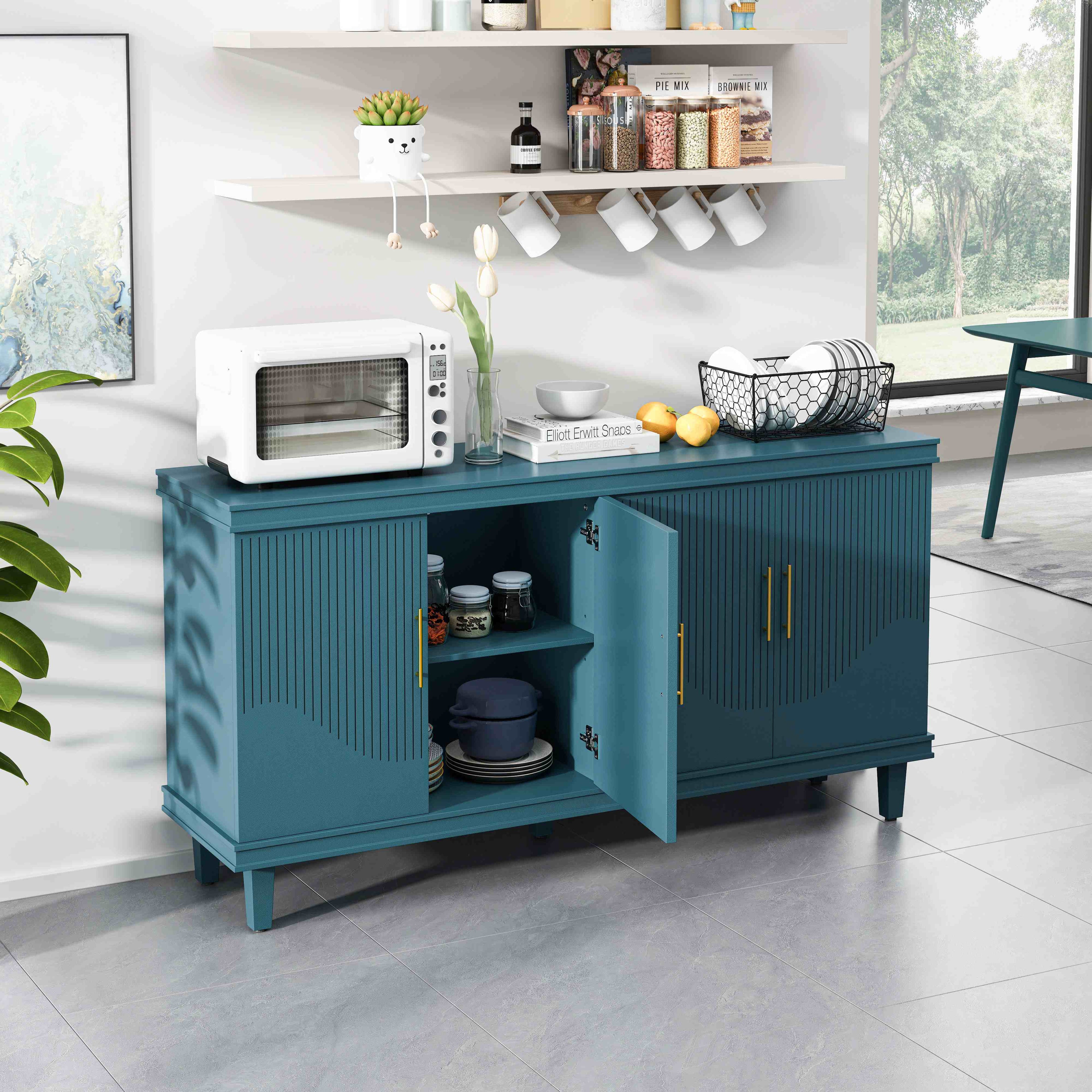 59.84'' Large 4-Door Cabinet, Solid Wood and MDF, Adjustable Shelves, 330 lbs Top Surface Capacity, 59.84''L x 15.75''W x 32.28''H, Blue