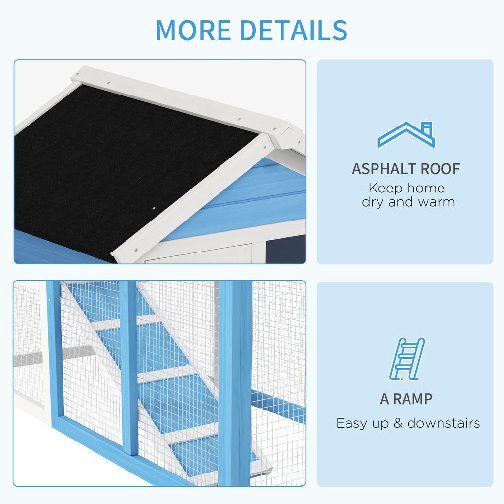 49" Wooden Rabbit Hutch Bunny Cage with Waterproof Asphalt Roof, Fun Outdoor Run, Removable Tray and Ramp, for Rabbits, Chickens, Ducks, Light Blue