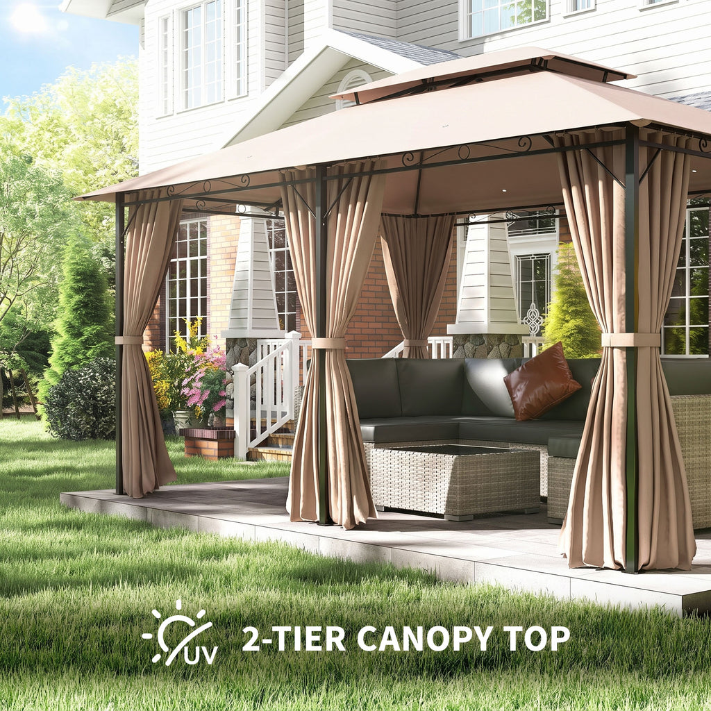 10' x 13' Patio Gazebo, Outdoor Gazebo Canopy Shelter with Curtains, Vented Roof, Steel Frame for Garden, Lawn, Backyard and Deck, Khaki