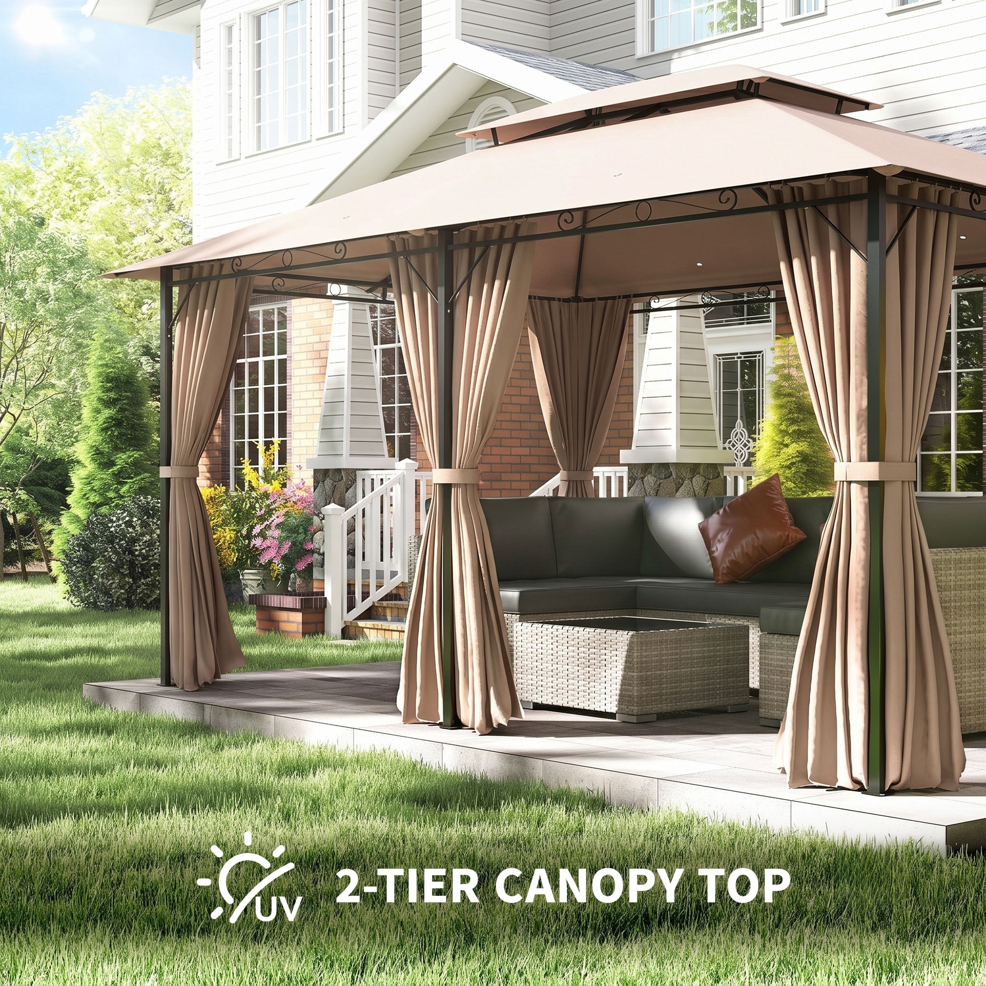 10' x 13' Patio Gazebo, Outdoor Gazebo Canopy Shelter with Curtains, Vented Roof, Steel Frame for Garden, Lawn, Backyard and Deck, Khaki