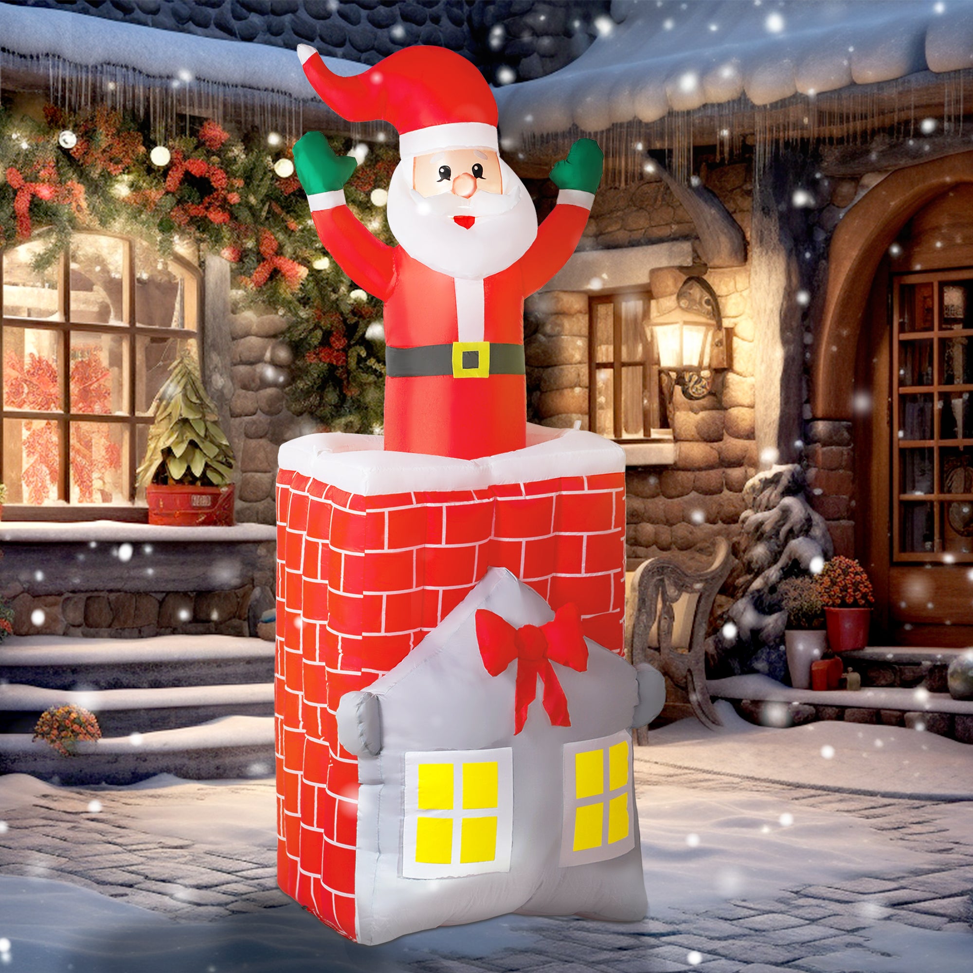 7FT Christmas Inflatable Santa in Chimney Up and Down, Blow Up Decoration with Built-in LED Lights for Indoor Party