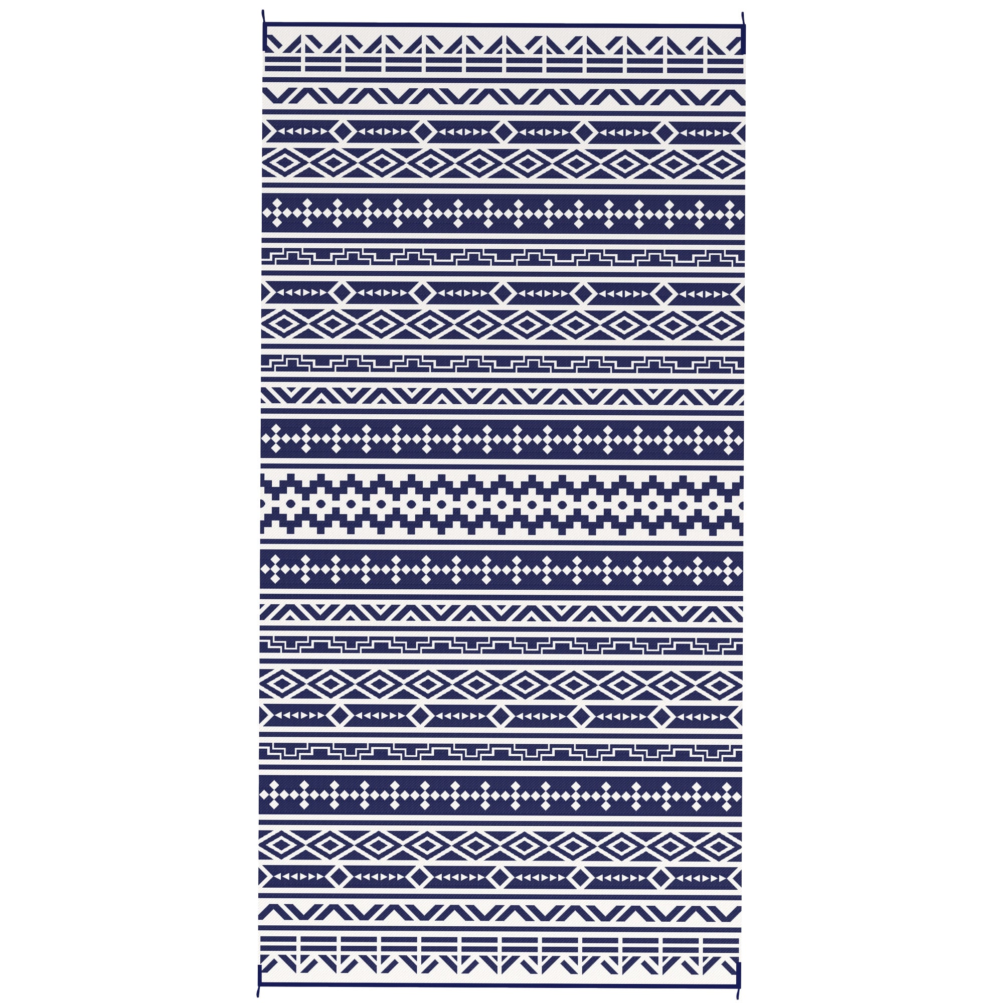 Reversible Outdoor Rug, Waterproof Plastic Straw with Carry Bag, 9' x 18', Blue & White Geometric Wall