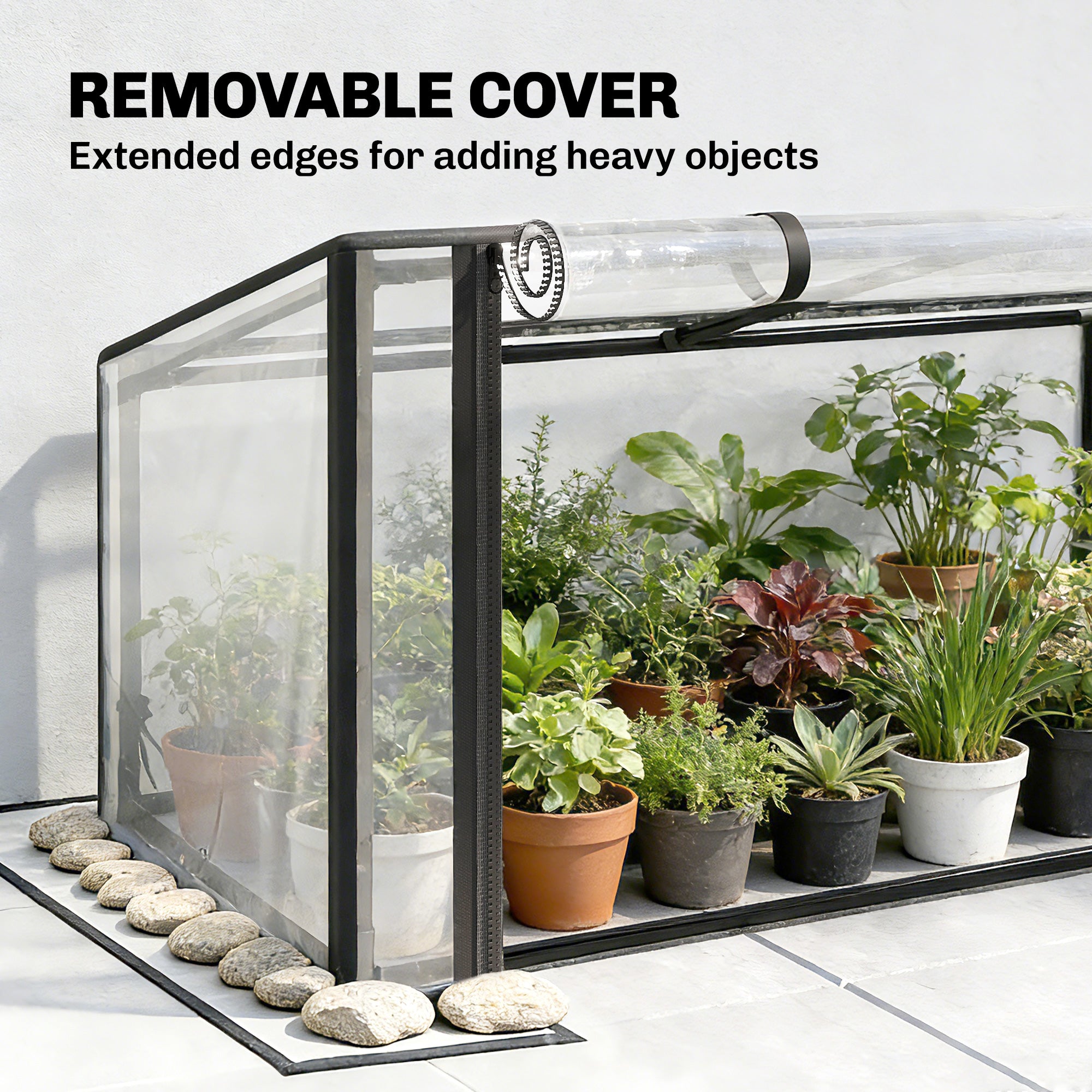 Raised Garden Bed with Flip-Up Greenhouse Cover, Metal Elevated Garden Bed with Legs and Drainage Hole, Black