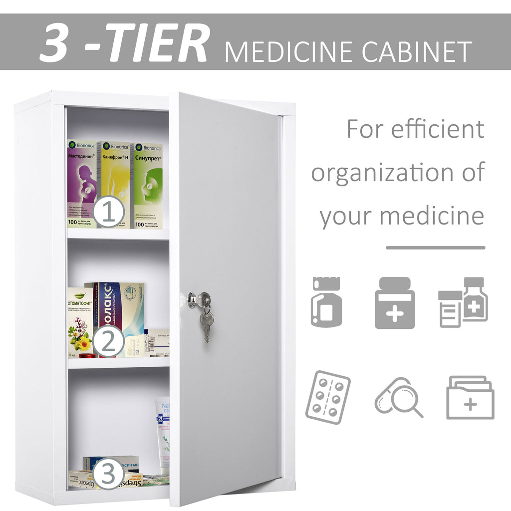 Steel Wall Mount Medicine Cabinet 3 Tier Emergency Box for Bathroom Kitchen, Lockable with 2 Keys - White