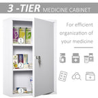 Steel Wall Mount Medicine Cabinet 3 Tier Emergency Box for Bathroom Kitchen, Lockable with 2 Keys - White
