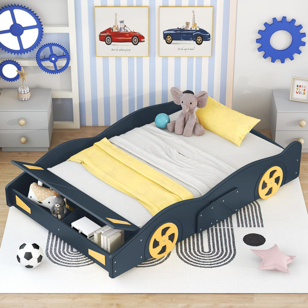 Full Size Race Car-Shaped Platform Bed with Wheels and Storage, Solid Wood and MDF, 90.5" L x 55" W x 15.5" H, Dark Blue