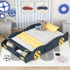 Full Size Race Car-Shaped Platform Bed with Wheels and Storage, Solid Wood and MDF, 90.5" L x 55" W x 15.5" H, Dark Blue