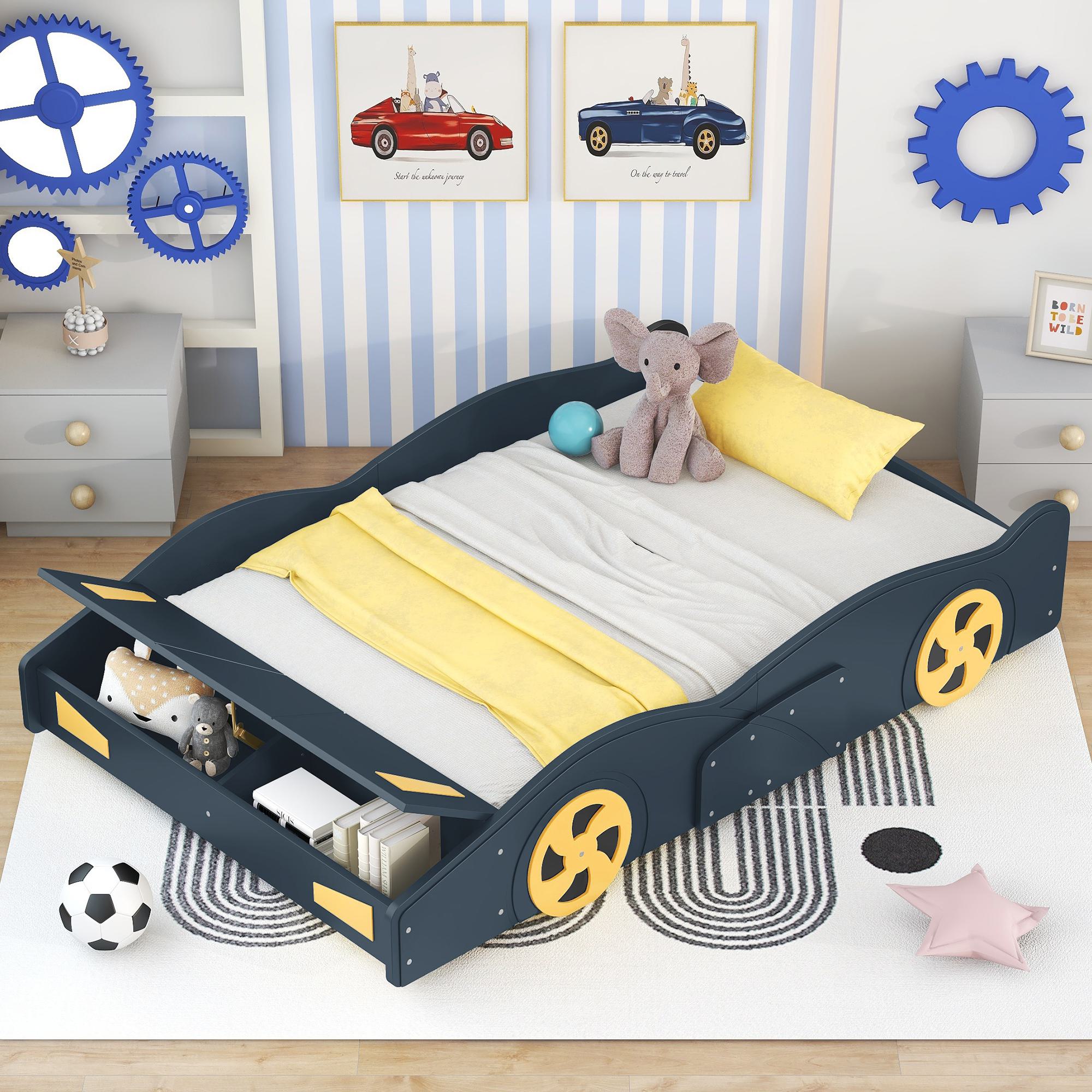 Full Size Race Car-Shaped Platform Bed with Wheels and Storage, Solid Wood and MDF, 90.5" L x 55" W x 15.5" H, Dark Blue