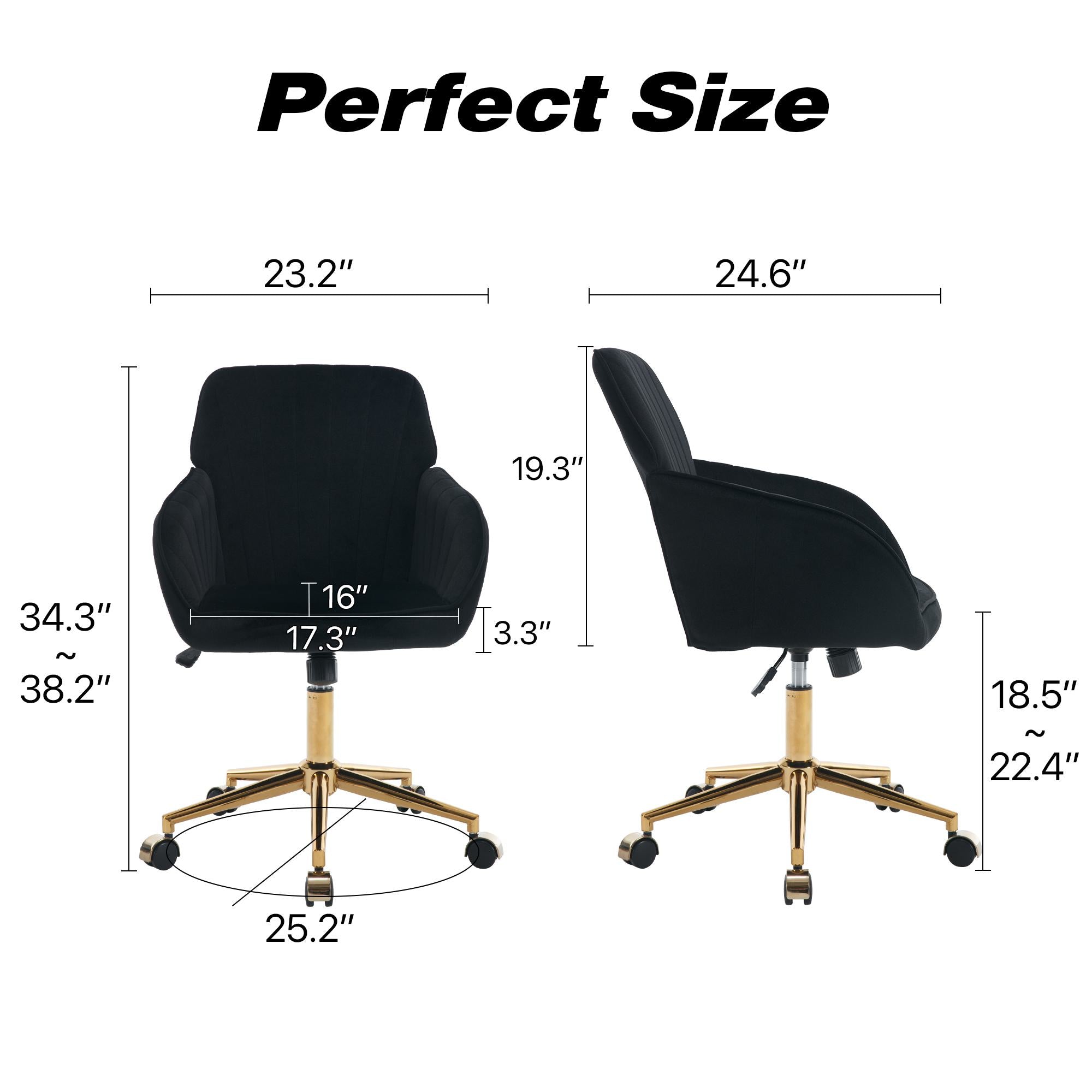 Adjustable Ergonomic Swivel Chair with Velvet Cushion and Lumbar Support, Office Chair with Golden Base, 25" L x 23" W x 38" H, Black