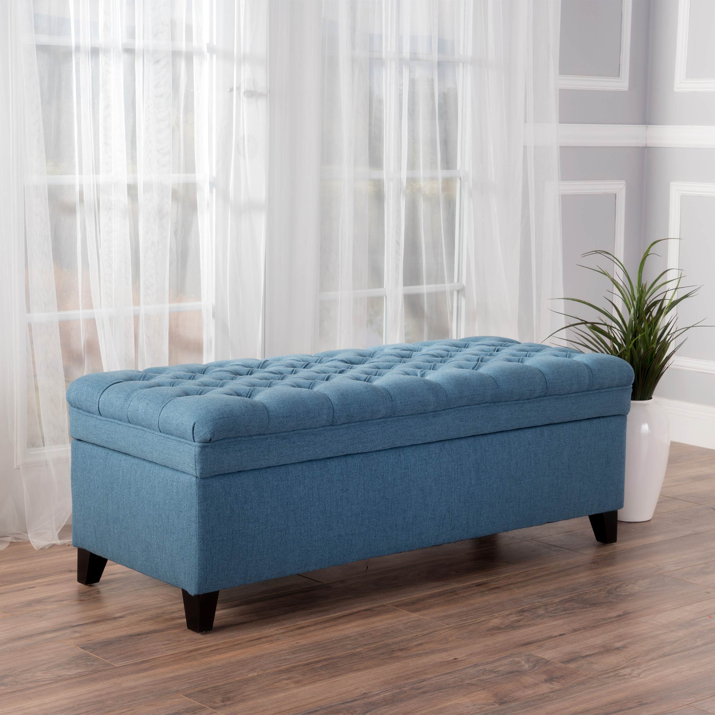 Storage Ottoman with Birch Legs, Hand-Tufted Fabric, 50" L x 20.5" W x 18.25" H, Spot Clean, Blue