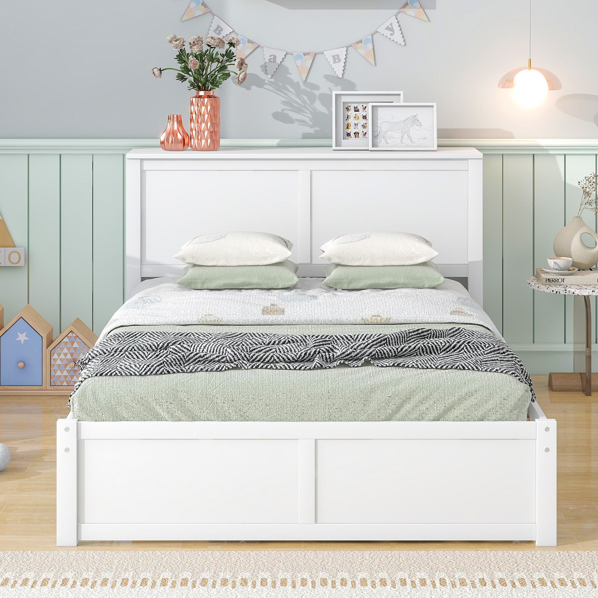 Full Size Storage Platform Bed with Pull Out Shelves, Twin Size Trundle, Solid Wood and MDF, 98" L x 89" W x 39.5" H, White