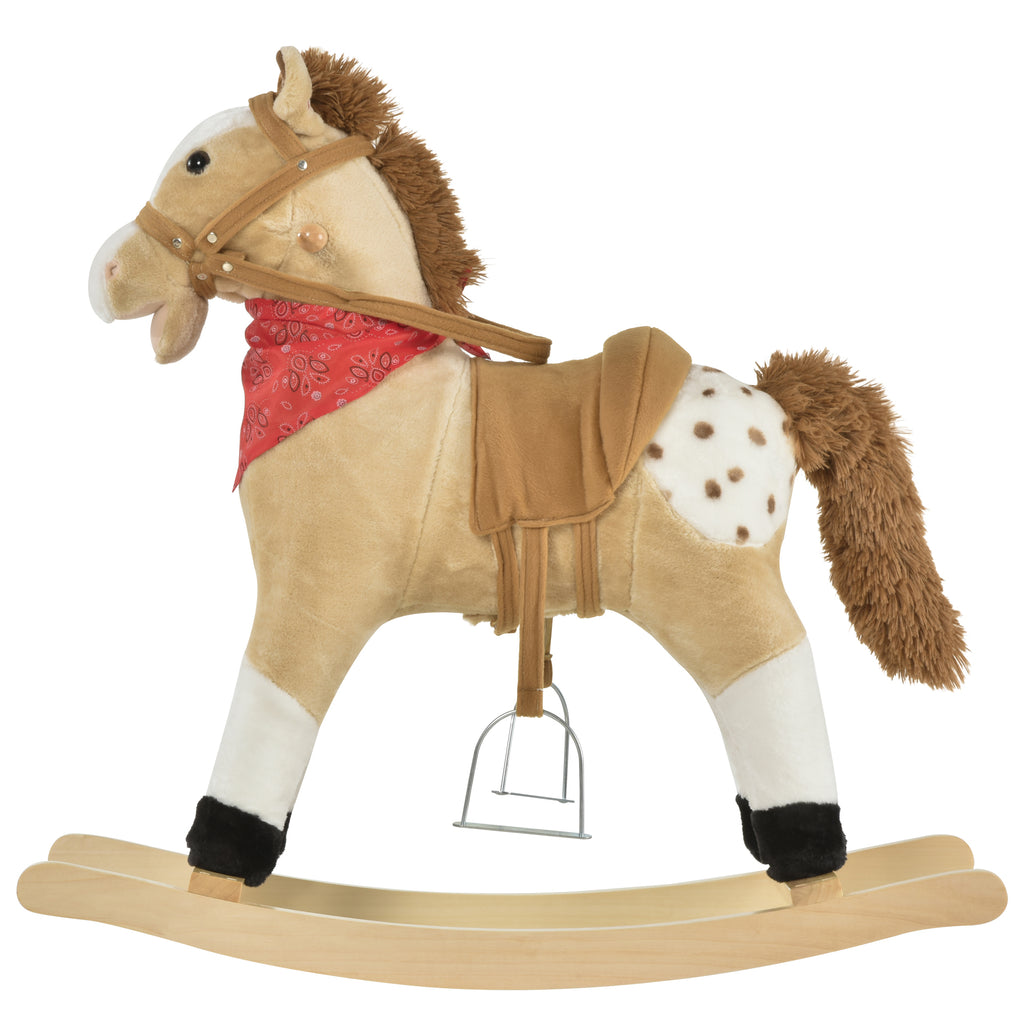 Kids Plush Ride-On Rocking Horse Toy Cowboy Rocker with Fun Realistic Sounds for Child 3-6 Years Old, Beige