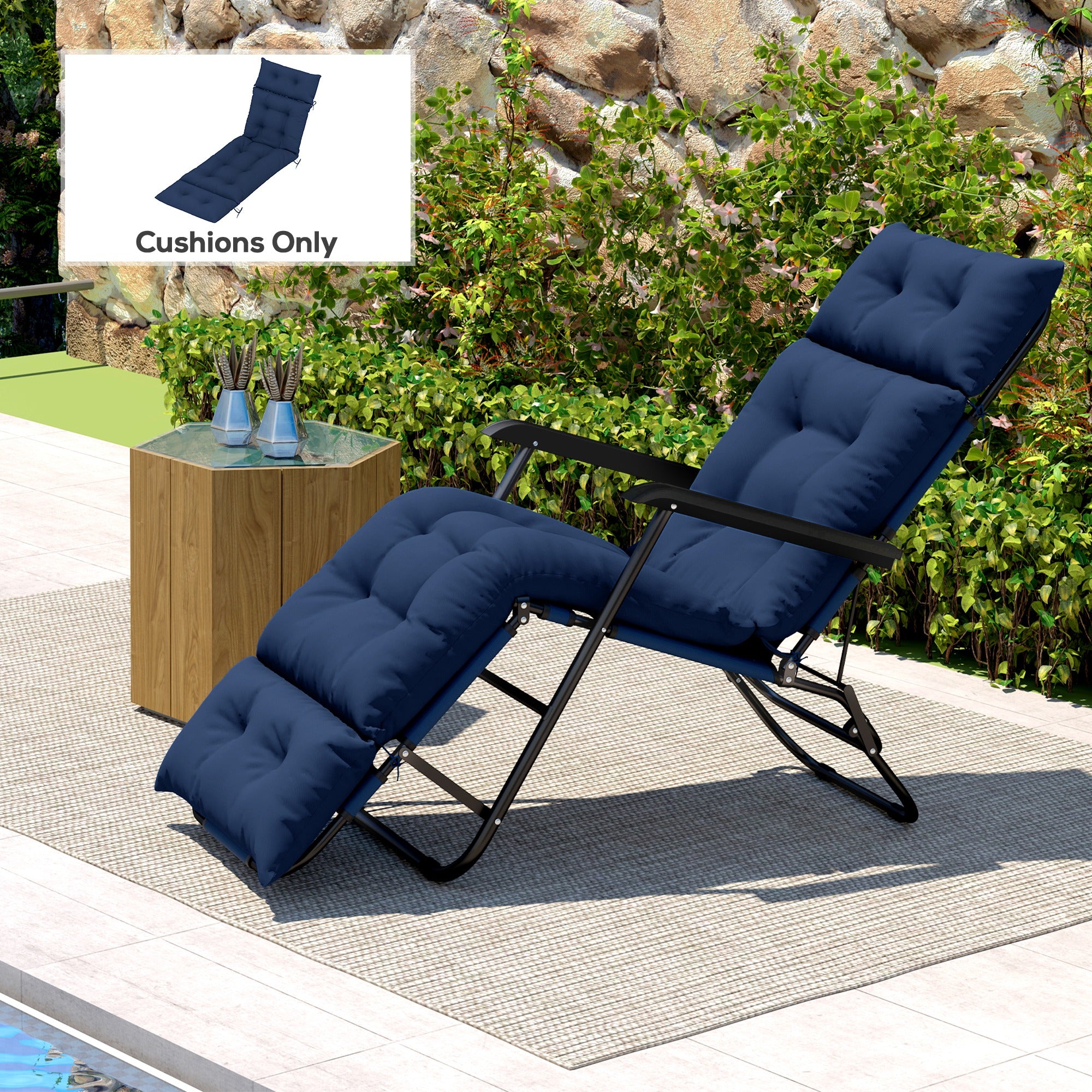 Outdoor Chaise Lounge Cushion, Tufted Thick Patio Lounge Chair Cushion with Ties, 74.8 in. x 22 in. x 4 in., Navy Blue