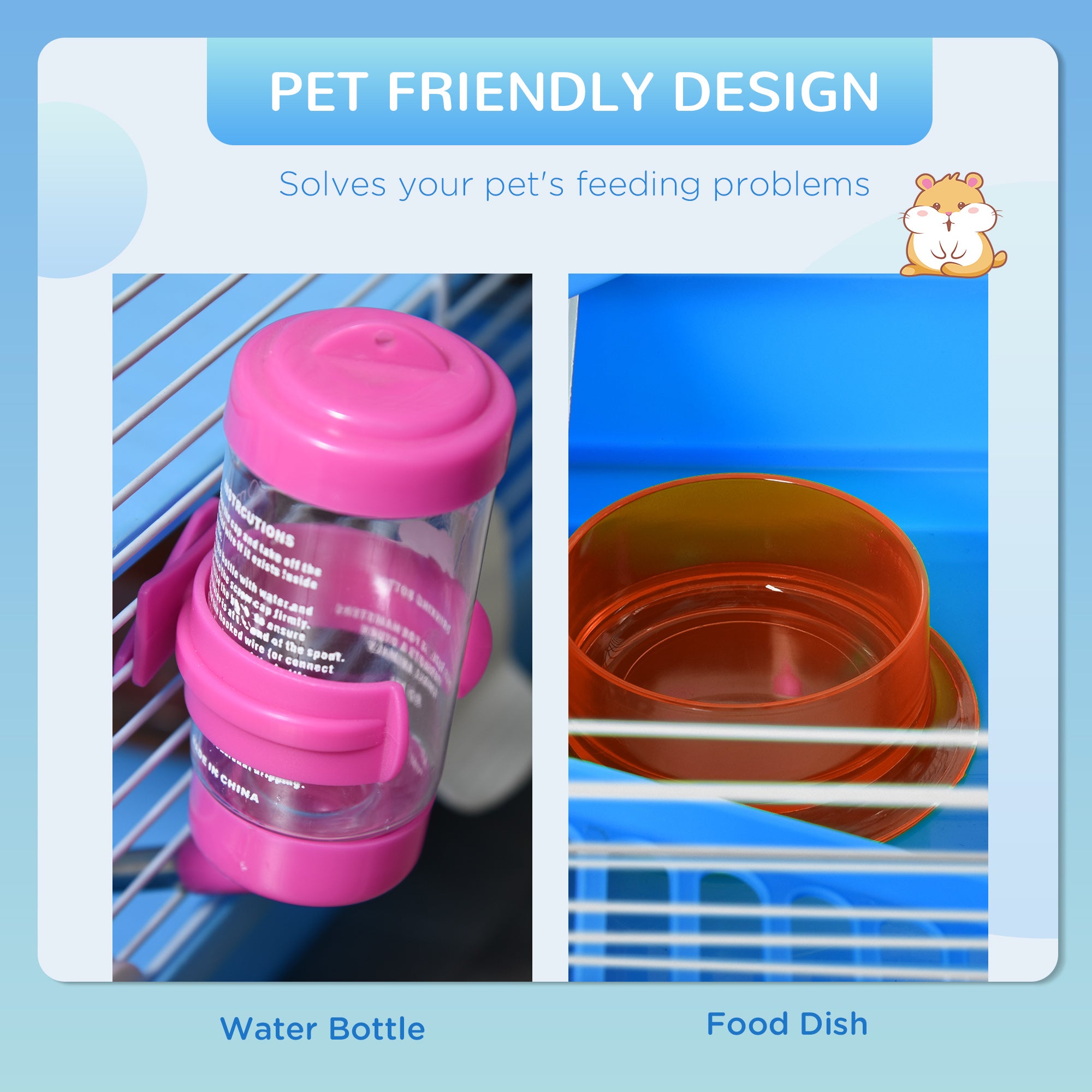 2-Level Hamster Cage Rodent Gerbil House Mouse Mice Rat Habitat Metal Wire with Exercise Wheel, Play Tubes, Water Bottle, Food Dishes, & Interior Ladder