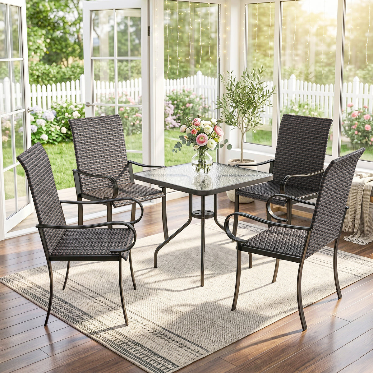Set of 4 Outdoor Wicker Dining Chairs with Armrest, Steel Frame, Highback and Deep Seating, Brown