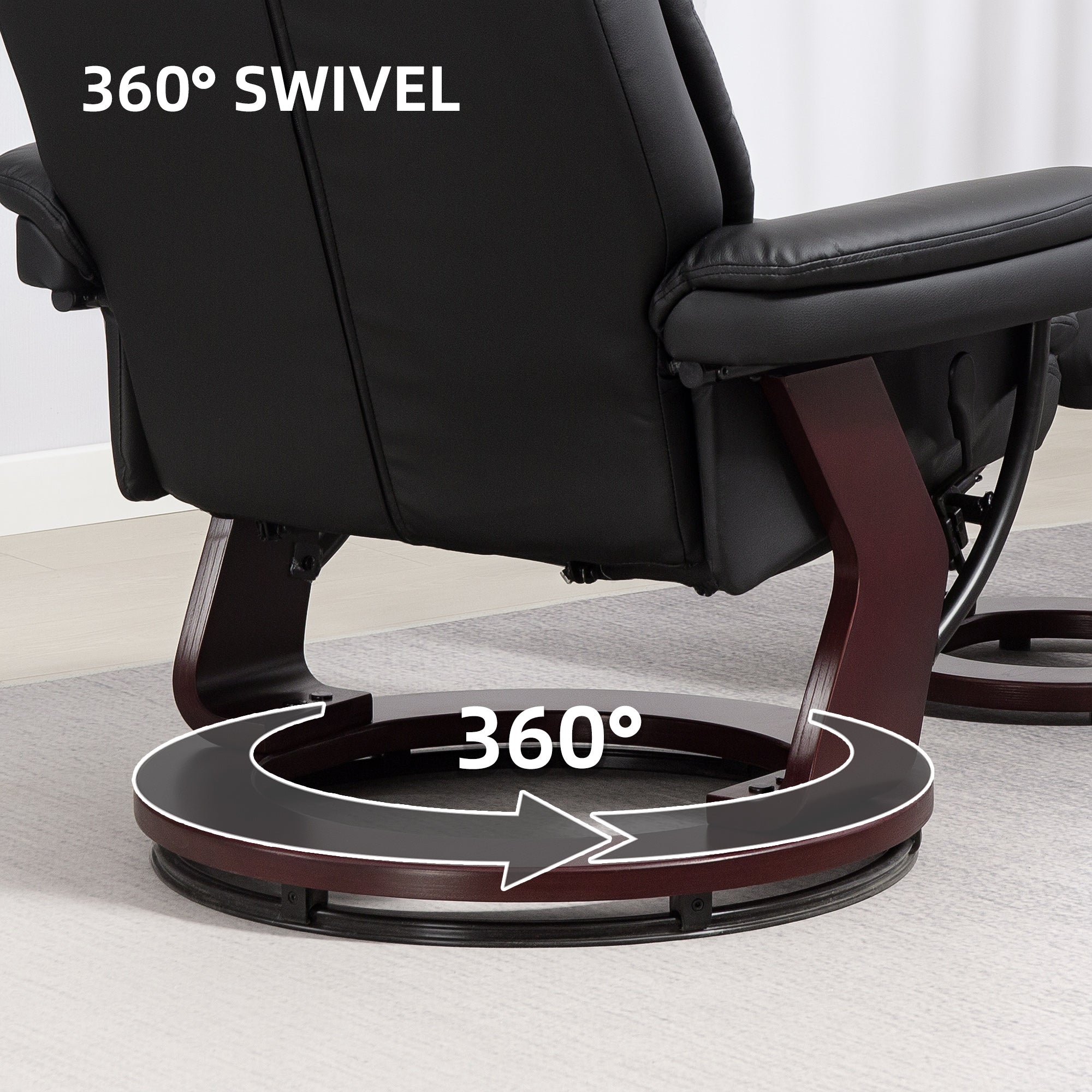 Swivel Recliner with Ottoman, PU Leather Reclining Chair with Footrest, for Living Room, Bedroom, Black