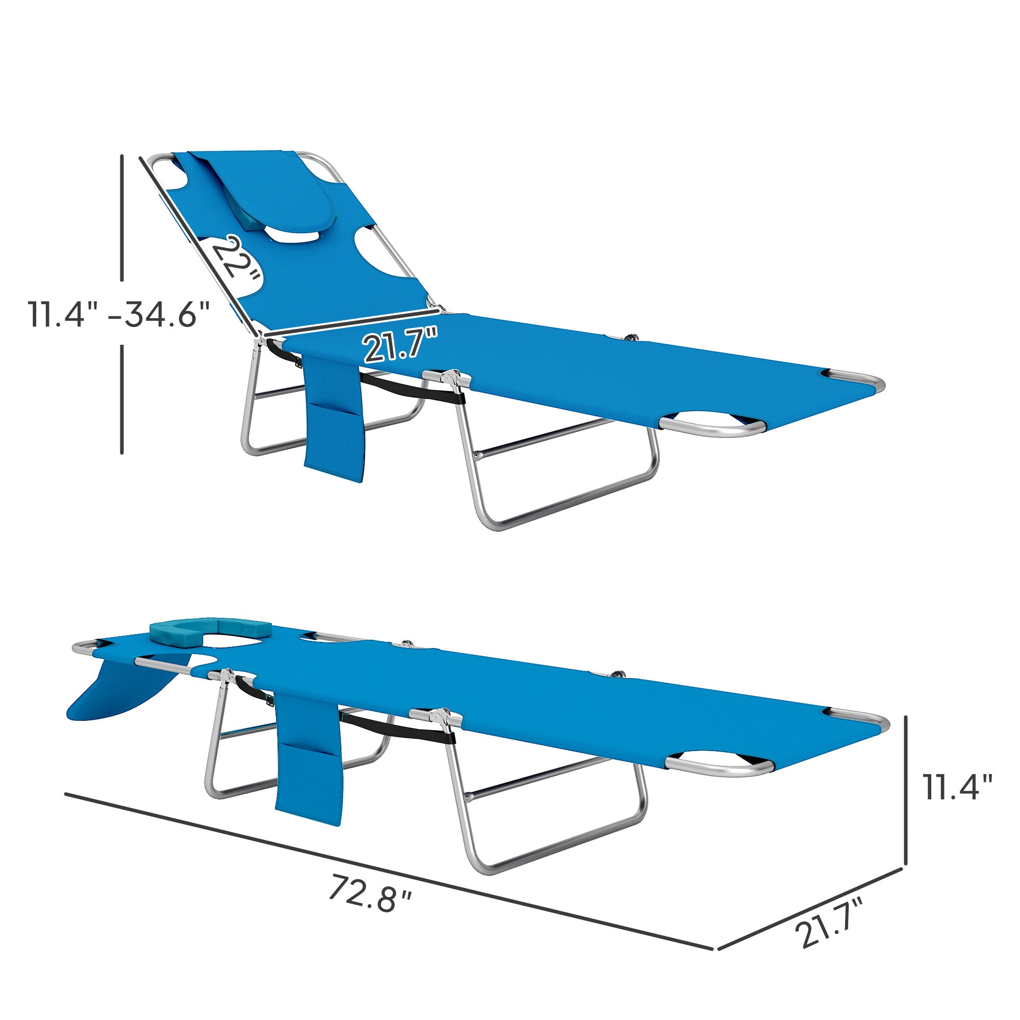 Tanning Chair with Face Hole, 5-Level Adjustable Outdoor Chaise Lounge Chair with Pillow for Beach, Pool, Light Blue
