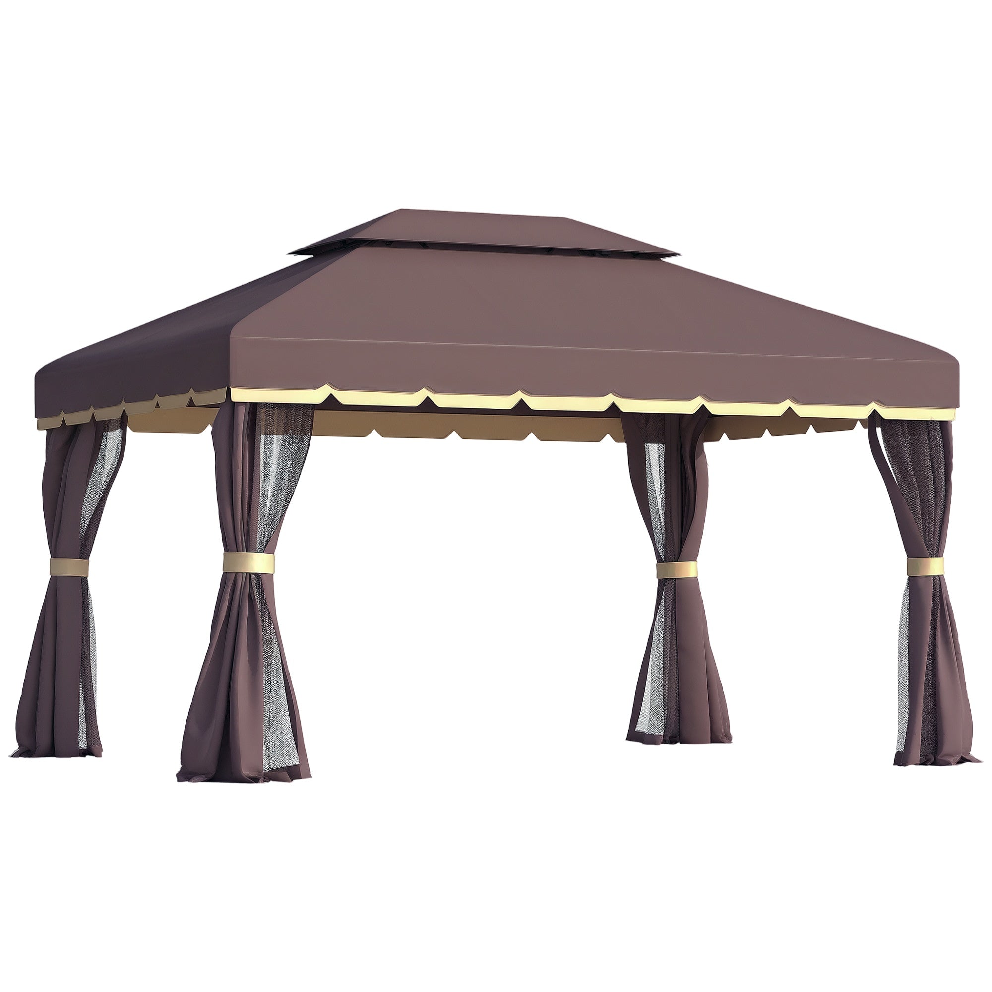 10' x 13' Patio Gazebo, Aluminum Frame Double Roof Outdoor Gazebo Canopy Shelter with Netting & Curtains, Coffee